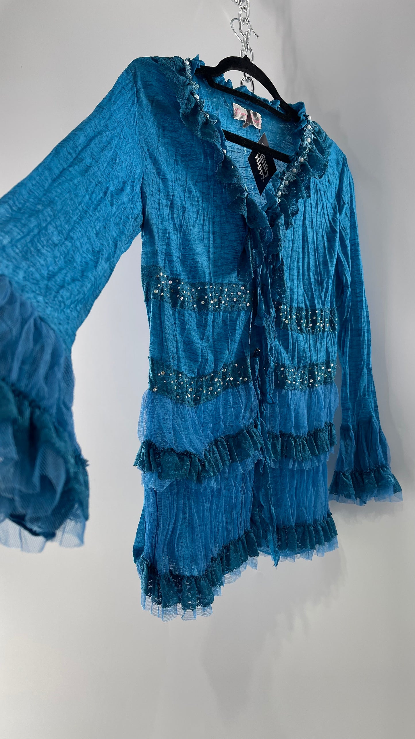Vintage Pretty Angel Blue Long Sleeve Grommet Tie Bedazzled Blouse with Lace Ruffles and Pearlescent Beading (Large)