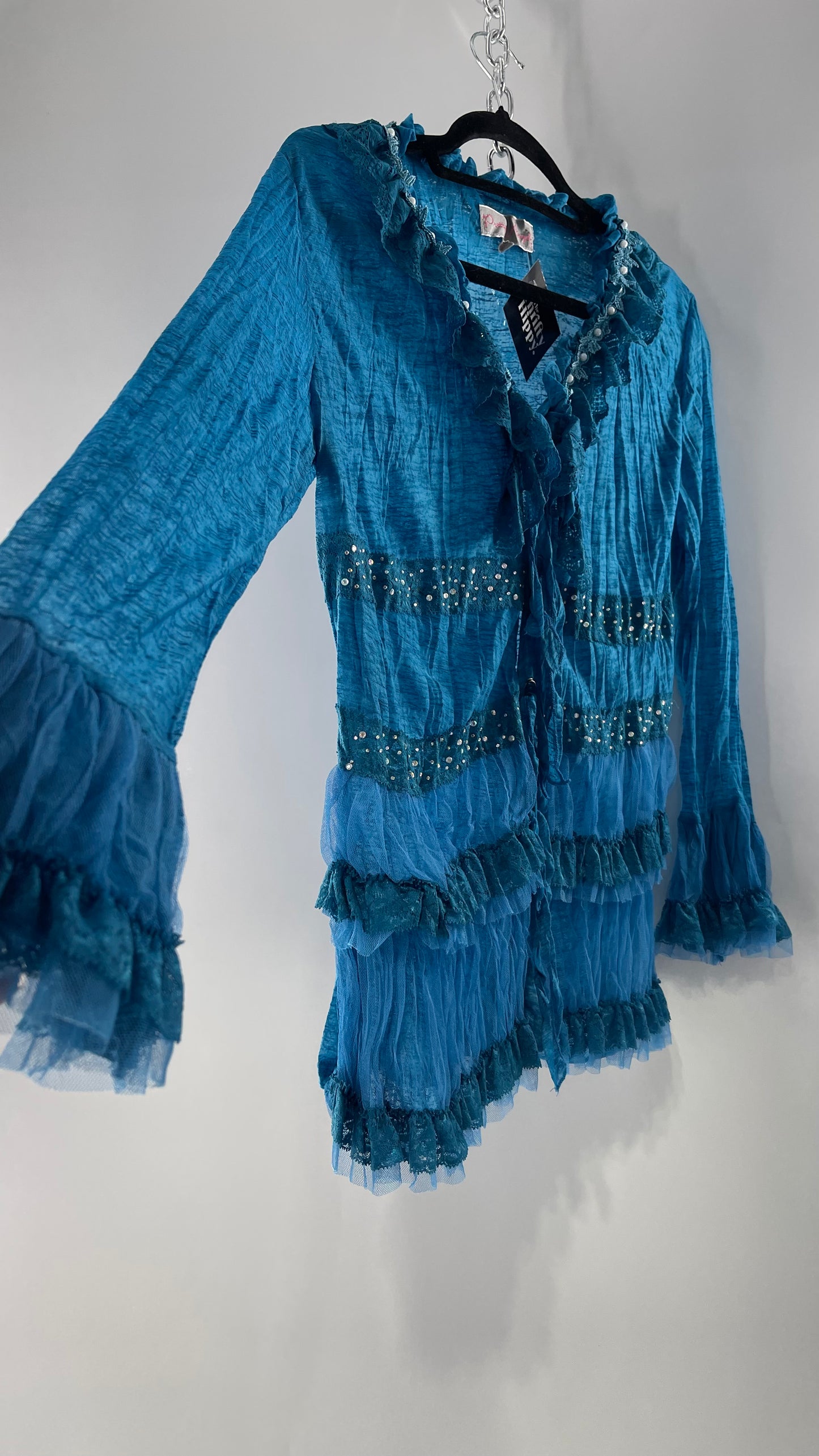 Vintage Pretty Angel Blue Long Sleeve Grommet Tie Bedazzled Blouse with Lace Ruffles and Pearlescent Beading (Large)