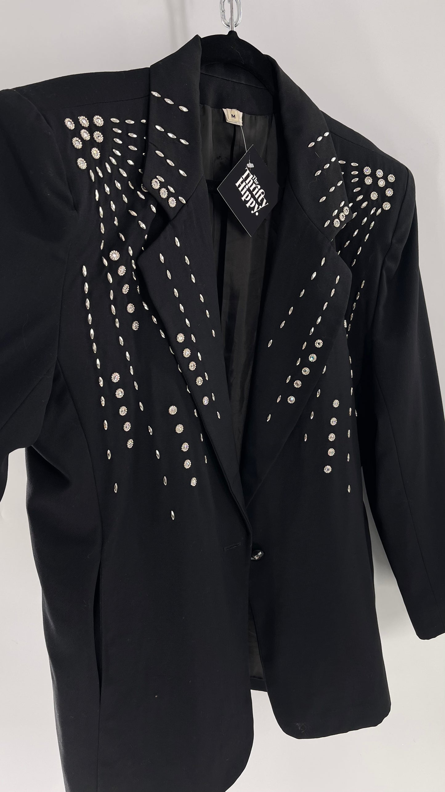 Vintage Black Blazer with Silver Metal Studs and Rhinestone Embellishments (C)(Medium)