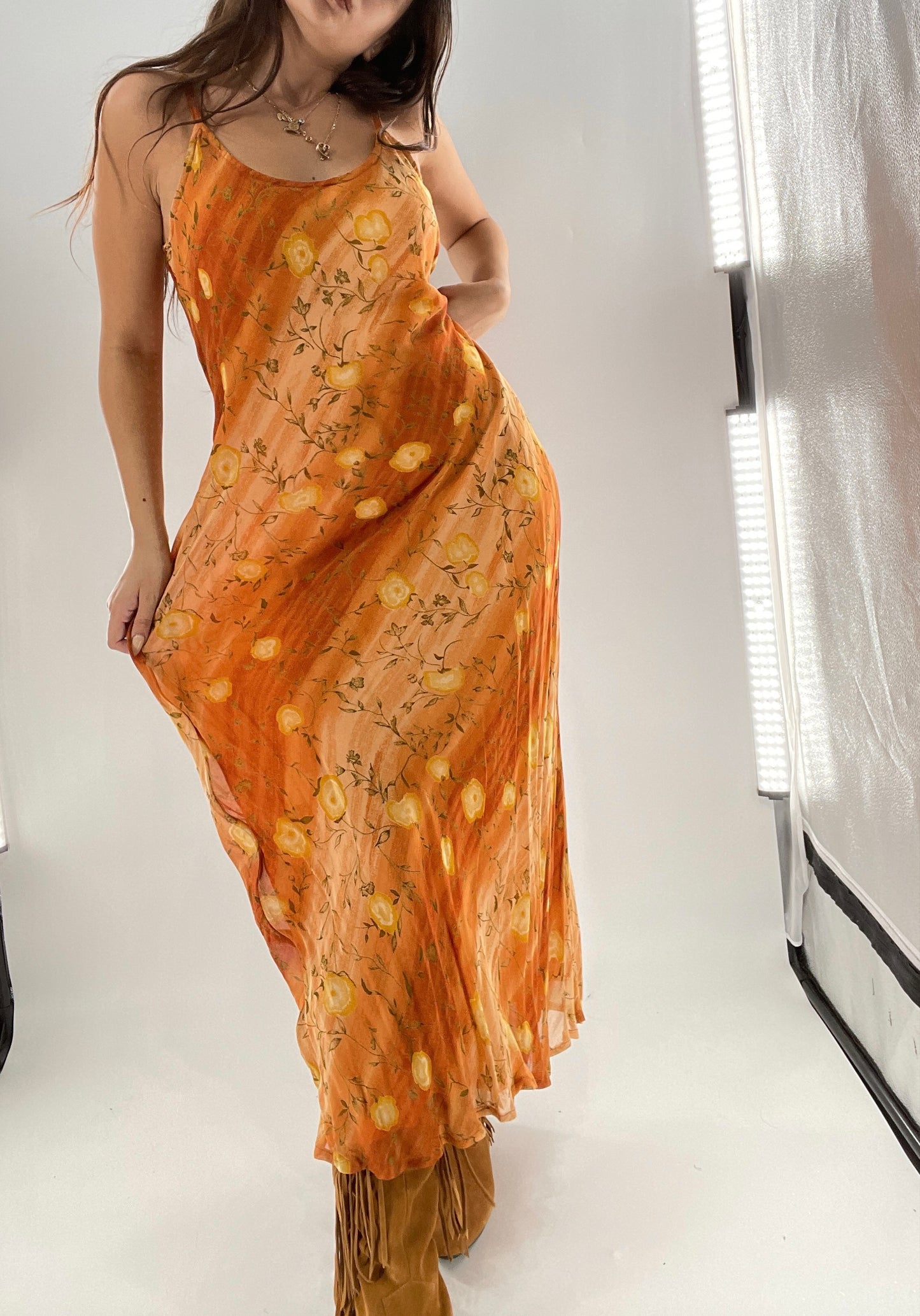 Deadstock Vintage 1990s Sacred Threads Midi Sunset Ombré Dress with Yellow Flowers (M/L)
