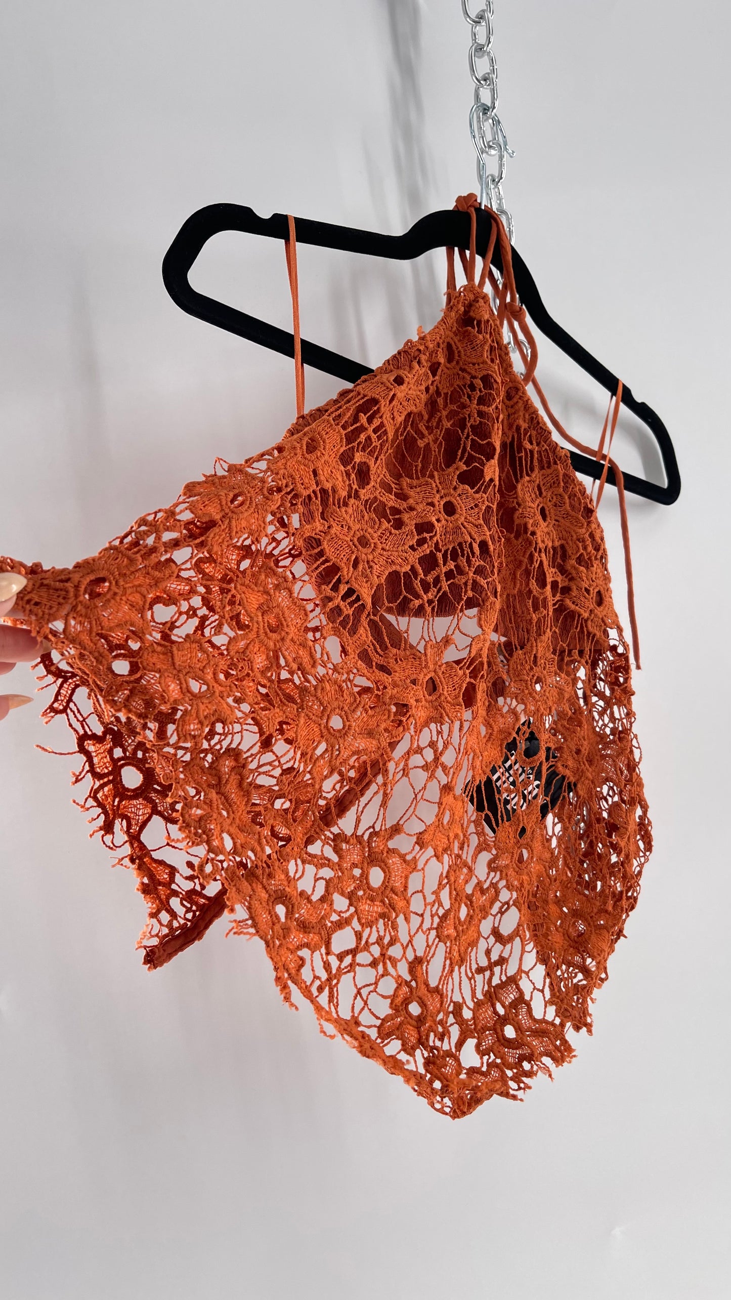 Free People Burnt Orange Lace Halter with Pointed Handkerchief Hem (XS)