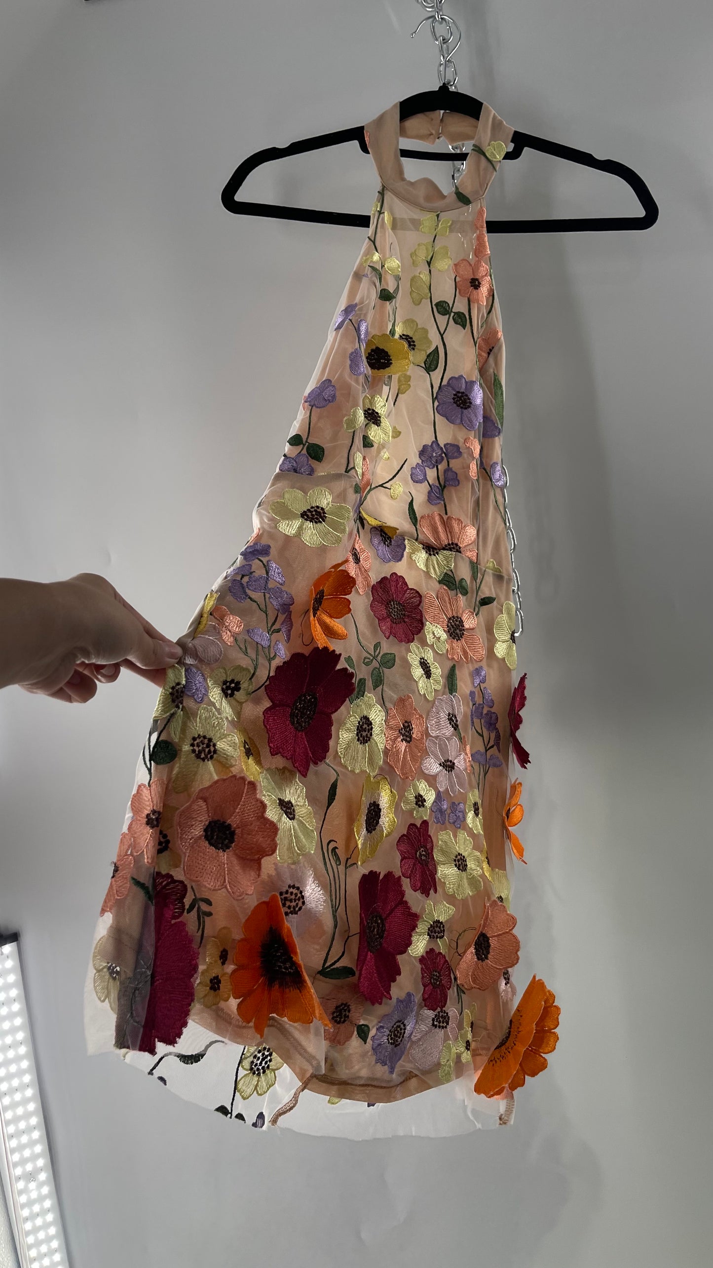 Mesh Backless Mini Dress with Halter Neckline covered in 3D Colorful Embroidered Flower Appliqués (Medium)