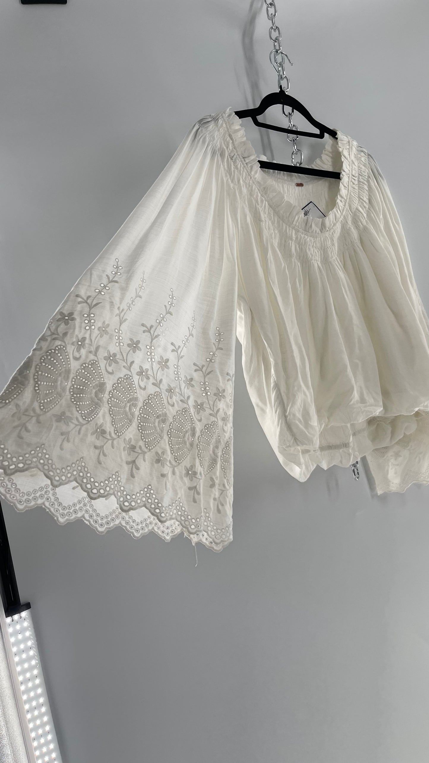 Free People White Bubble Hem Blouse with Linen Embroidered Bell Sleeves (Medium)