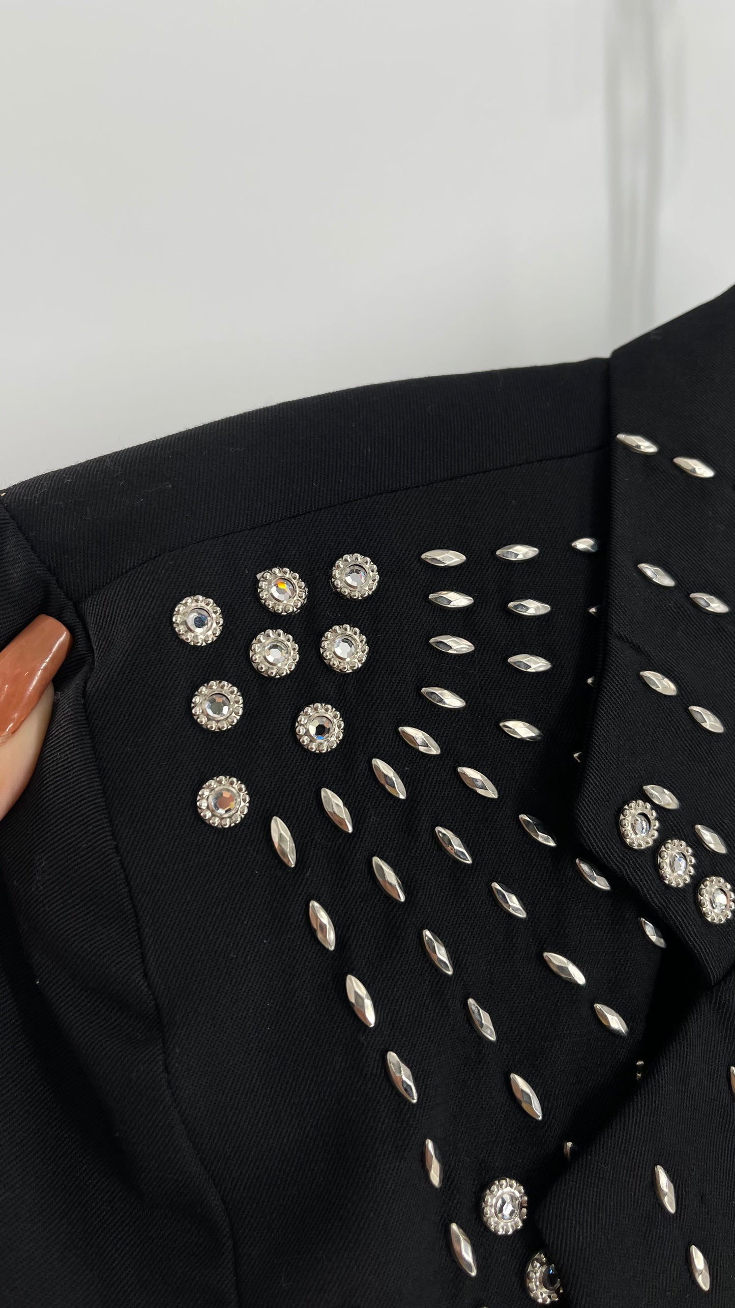 Vintage Black Blazer with Silver Metal Studs and Rhinestone Embellishments (C)(Medium)