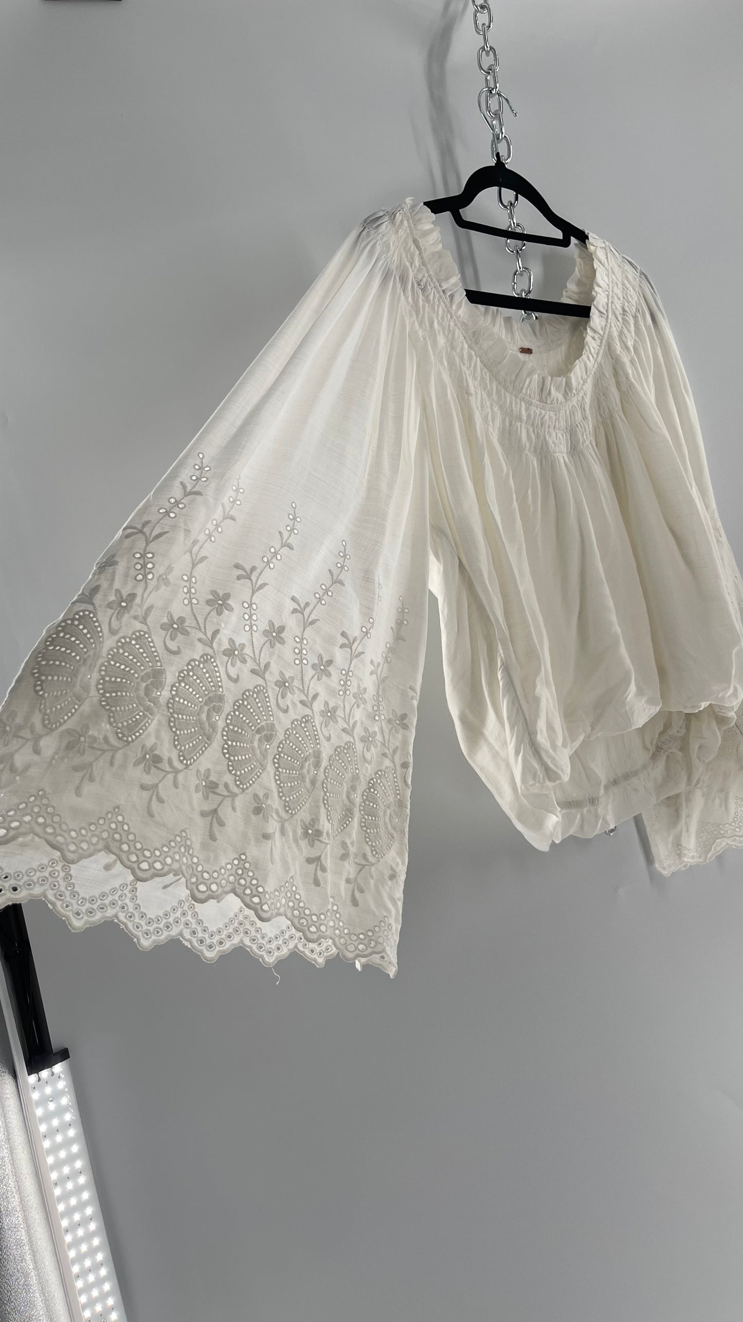 Free People White Bubble Hem Blouse with Linen Embroidered Bell Sleeves (Medium)