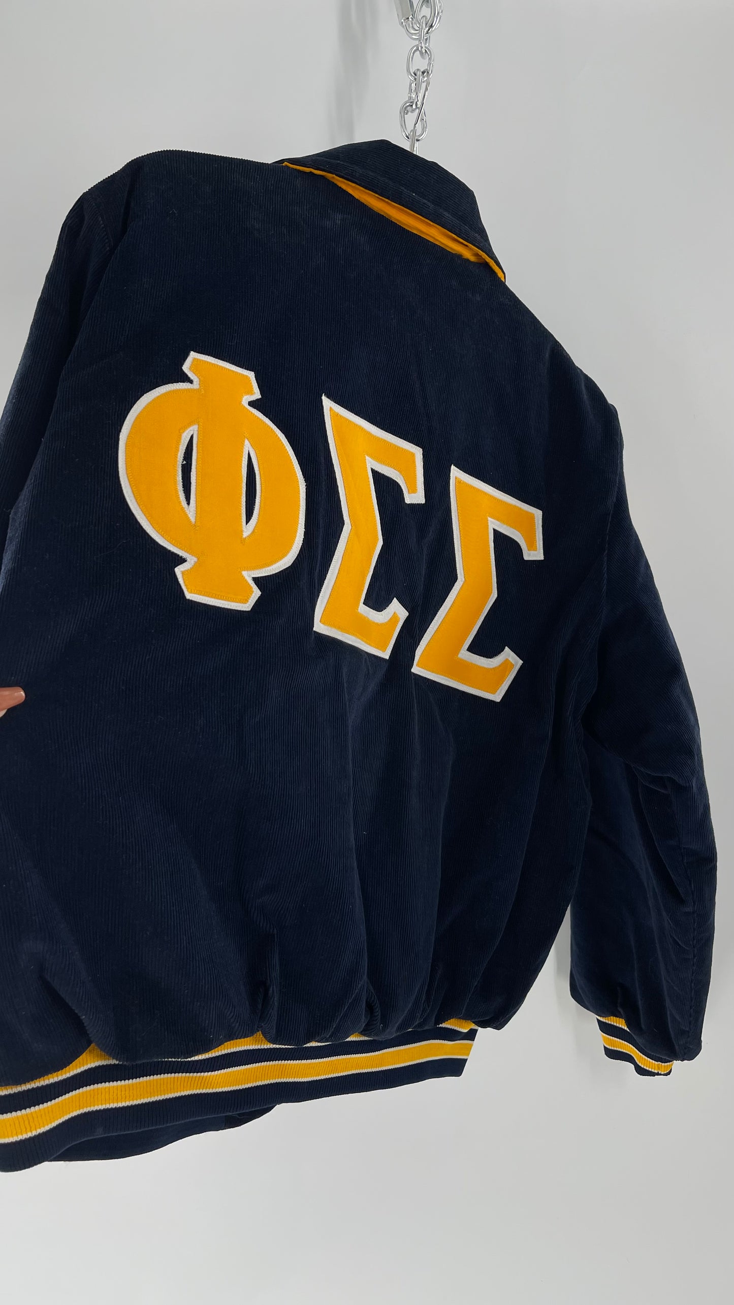 Birdie Vintage Phi Sigma Sigma Navy Blue Corduroy Varsity/Sorority Jacket with Contrast Yellow Patches and Embroidered “Paula” Monogram (Large)