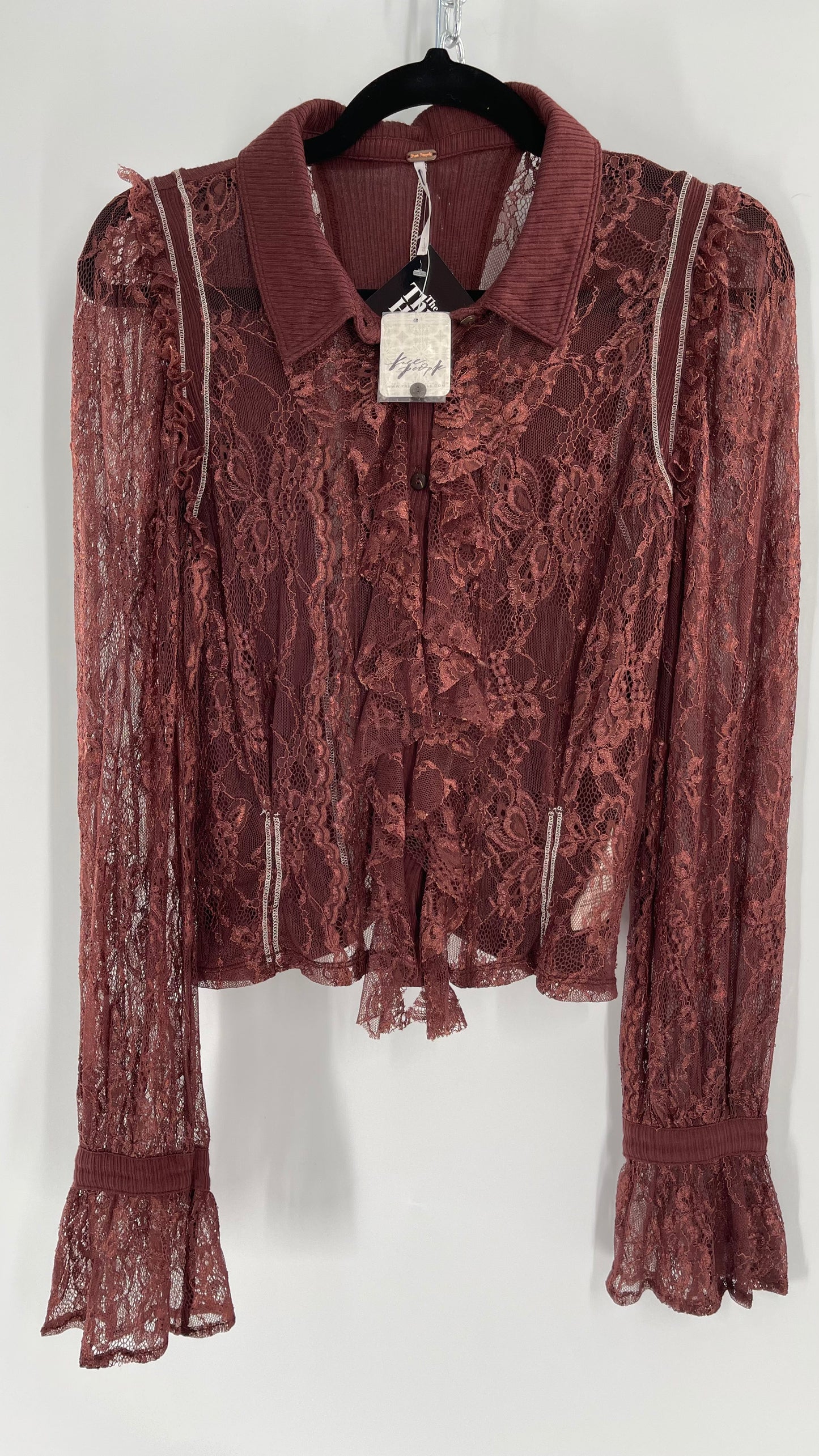 Free People Maroon Burgundy Lace Button Front Blouse with Ruffled Bodice with Tags Attached (Large)