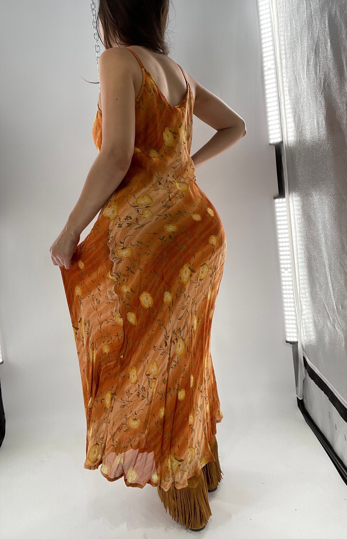 Deadstock Vintage 1990s Sacred Threads Midi Sunset Ombré Dress with Yellow Flowers (M/L)