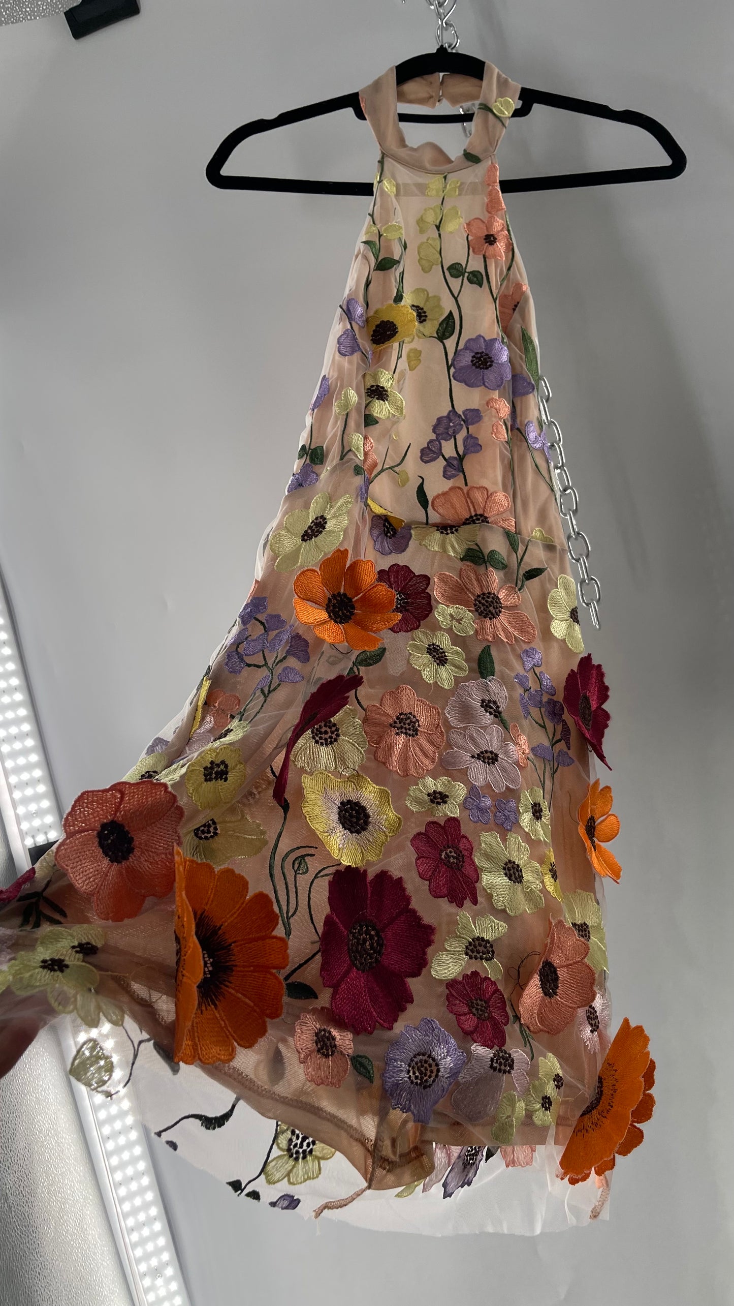 Mesh Backless Mini Dress with Halter Neckline covered in 3D Colorful Embroidered Flower Appliqués (Medium)