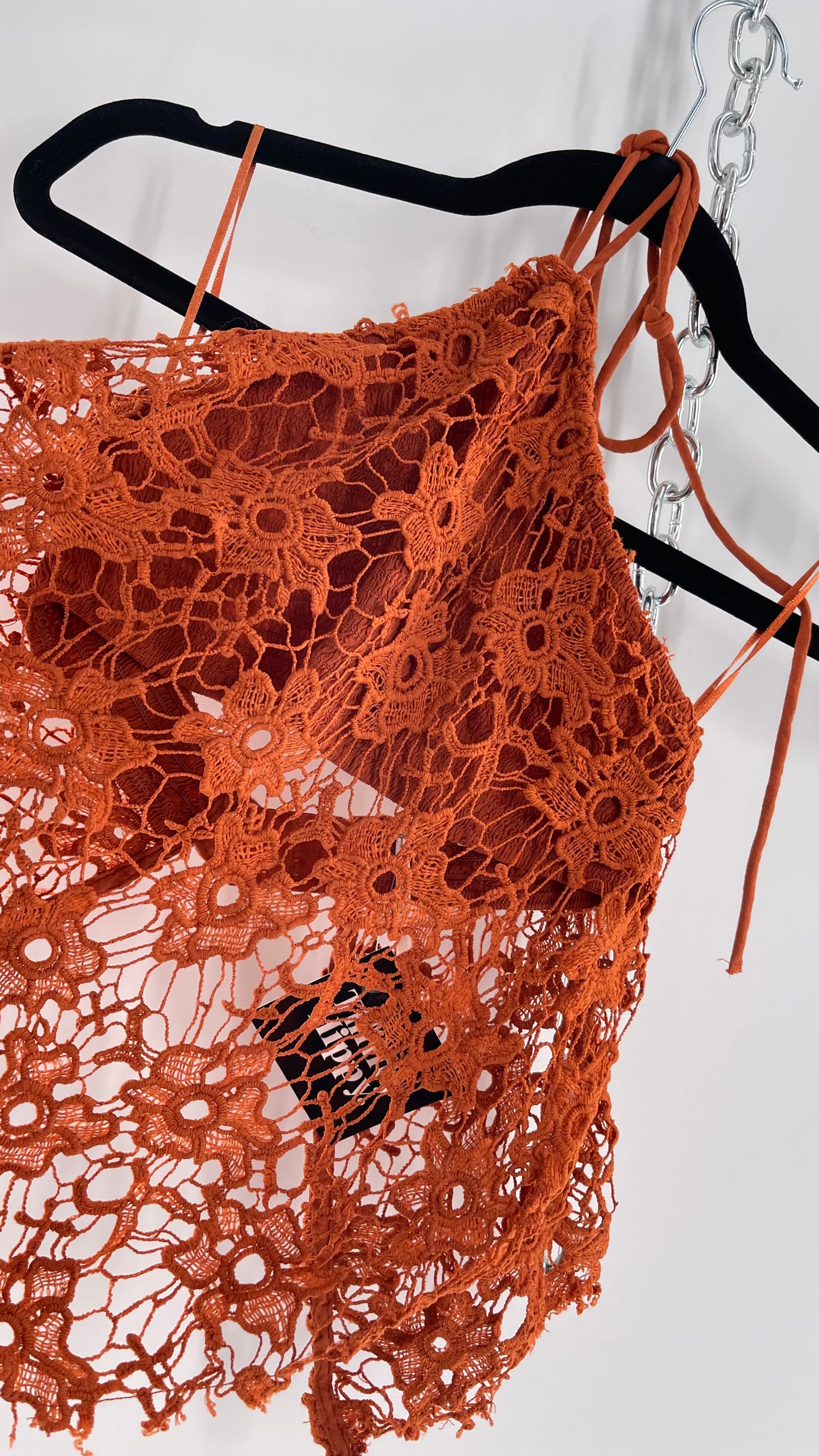 Free People Burnt Orange Lace Halter with Pointed Handkerchief Hem (XS)