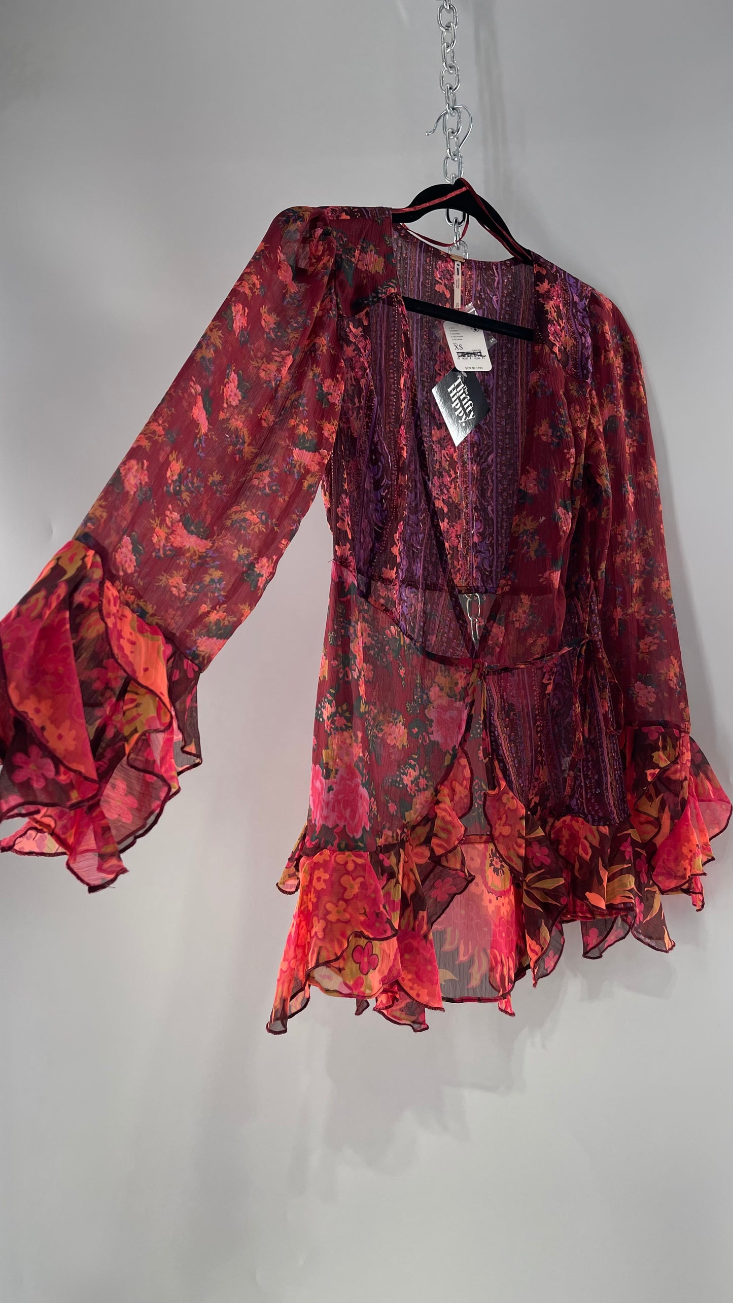 Free People Maroon/Burgundy Red Floral Tie Front Blouse with Ruffled Sleeves and Hem with Tags Attached (XS)