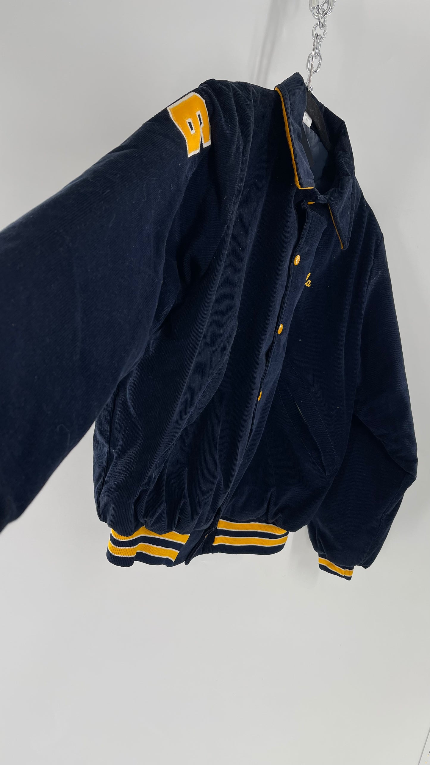 Birdie Vintage Phi Sigma Sigma Navy Blue Corduroy Varsity/Sorority Jacket with Contrast Yellow Patches and Embroidered “Paula” Monogram (Large)