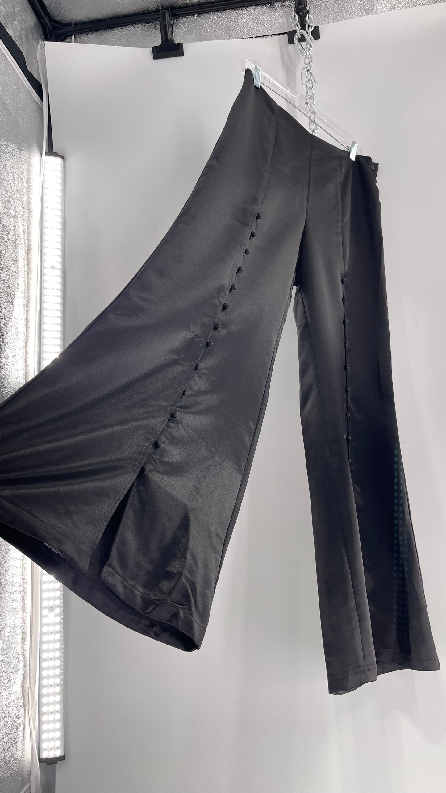 WHY Sultry Steps Black Satin Wide Leg Trouser with Vertical Strip of Satin Buttons (Medium)