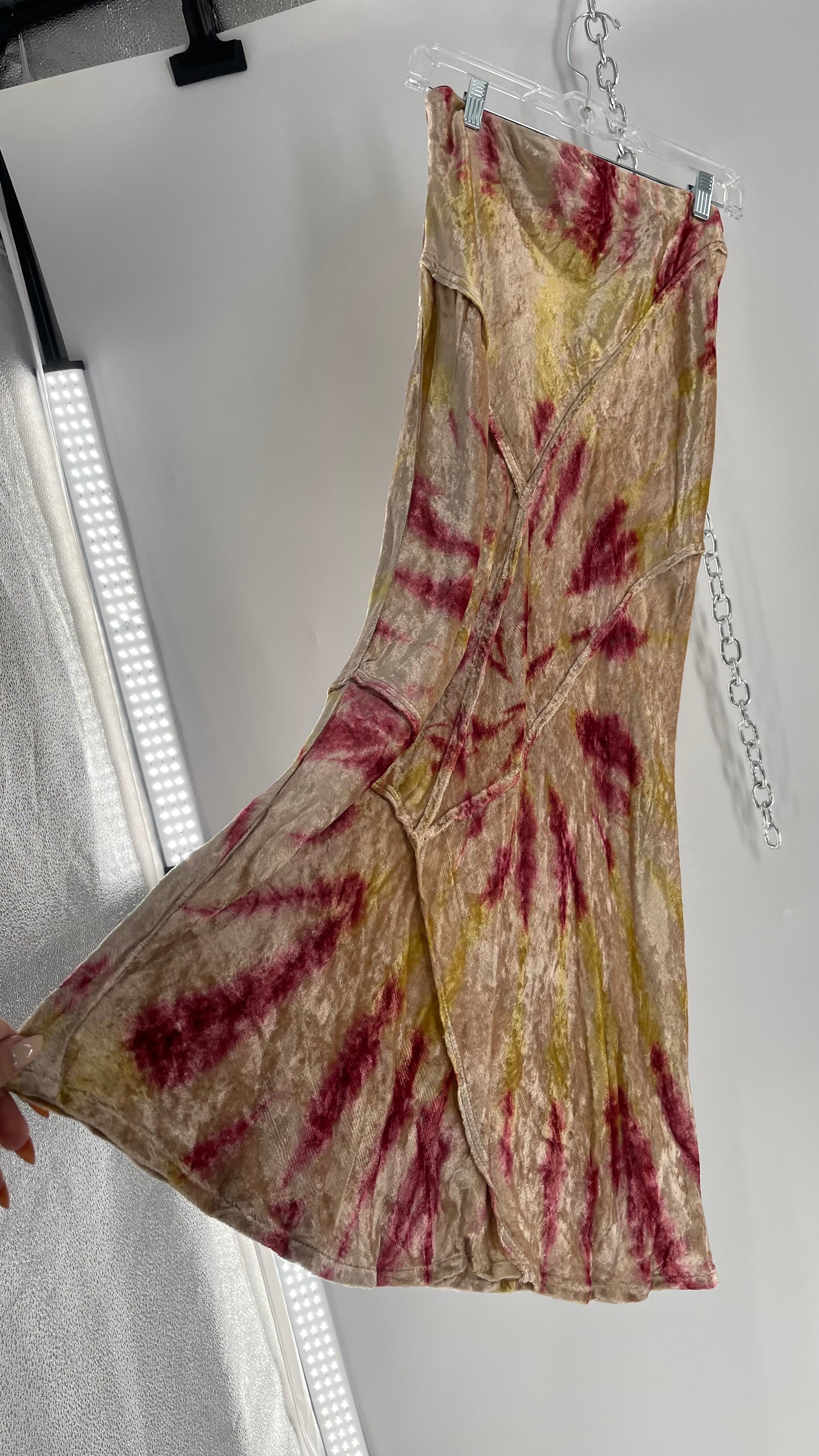 Free People Tie Dye Crushed Velvet Full Length Skirt (Small)
