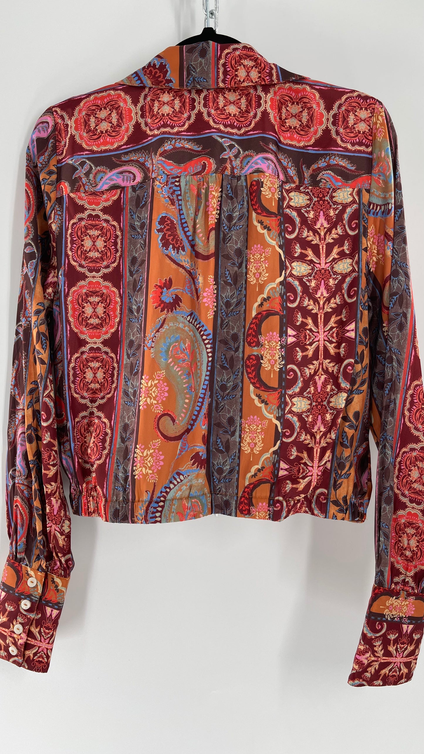 Free People Warm Tones Satin Paisley Drape Front Button Cuff Blouse (Large)