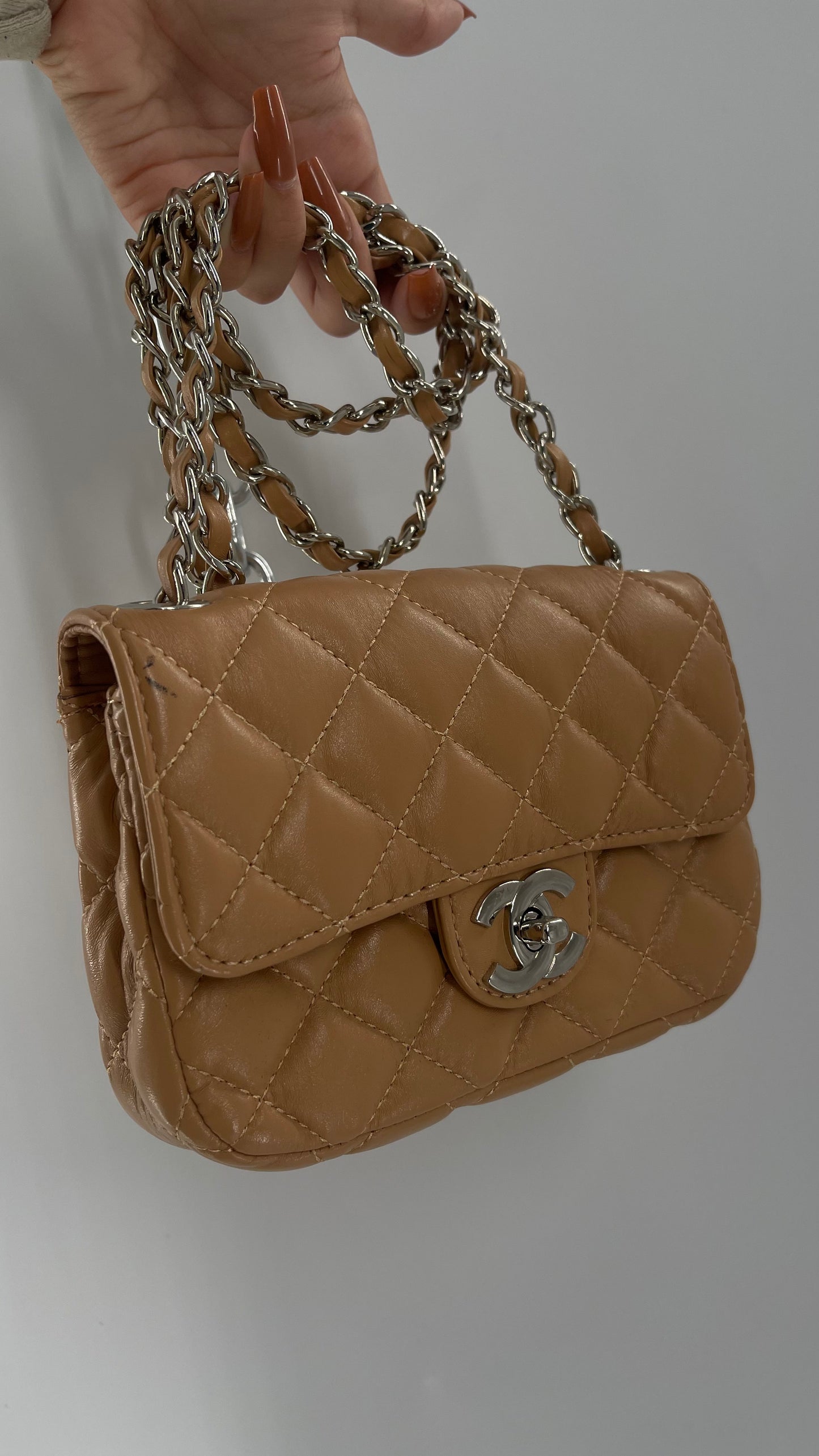 Tan Metallic Quilted Inauthentic Chanel Bag with Silver Chain Strap