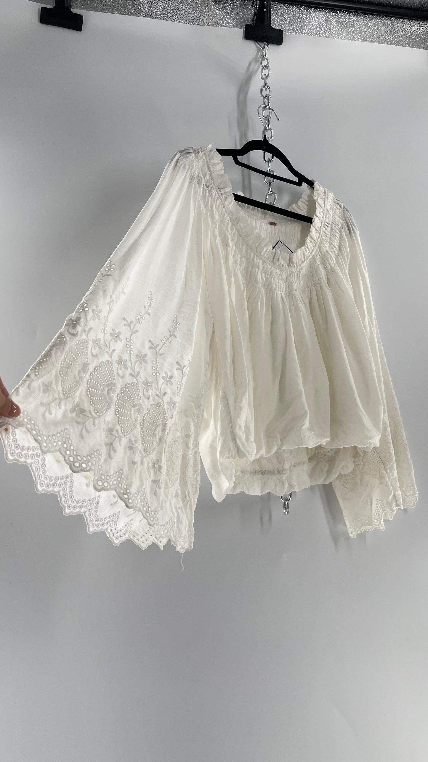 Free People White Bubble Hem Blouse with Linen Embroidered Bell Sleeves (Medium)