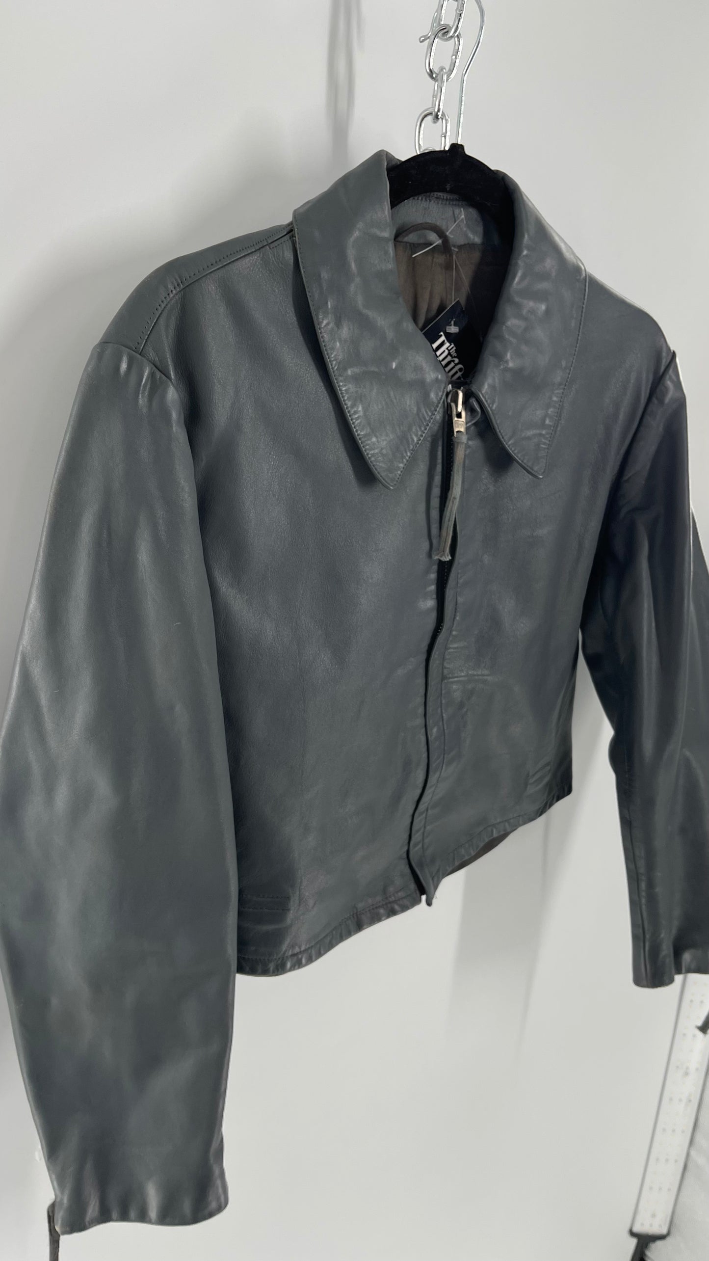 Vintage Grey Leather Cropped Jacket with Collar, Zippered Forearms, and Laced Up Detailing on Sides Small)