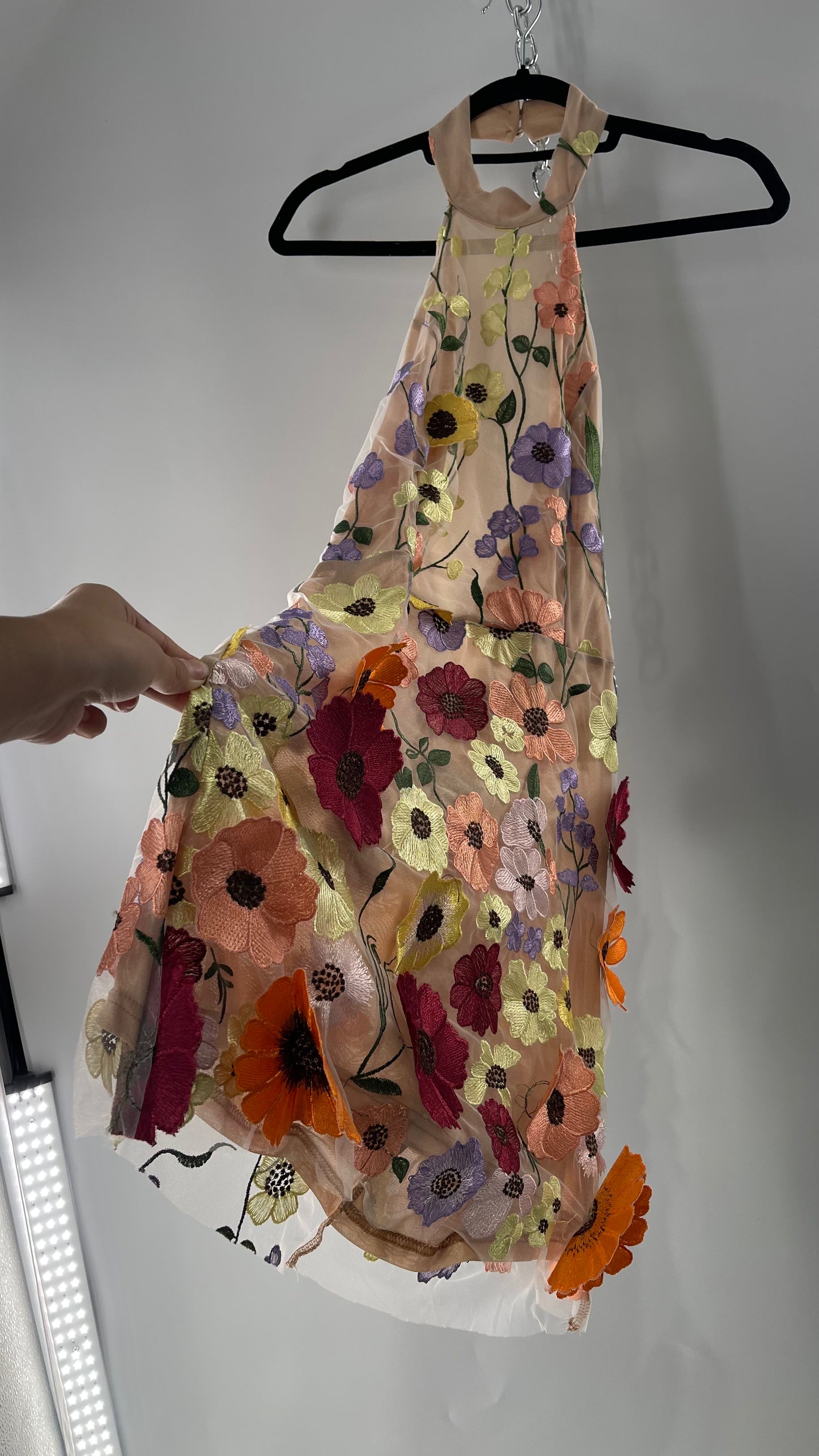 Mesh Backless Mini Dress with Halter Neckline covered in 3D Colorful Embroidered Flower Appliqués (Medium)