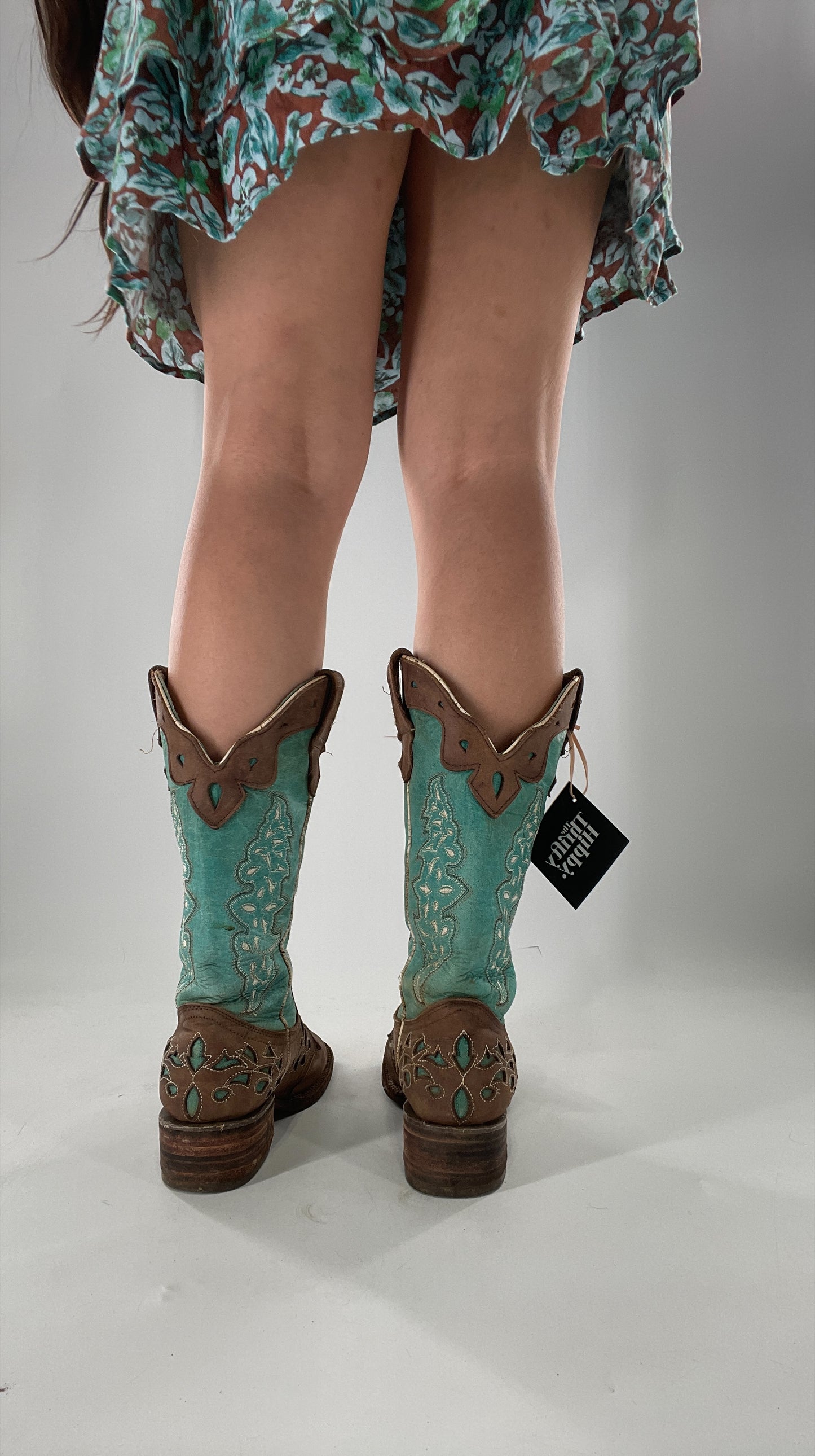 Porto Rebelde Turquoise Blue and Brown Leather Lazer Cut Embroidered Boots (6.5)