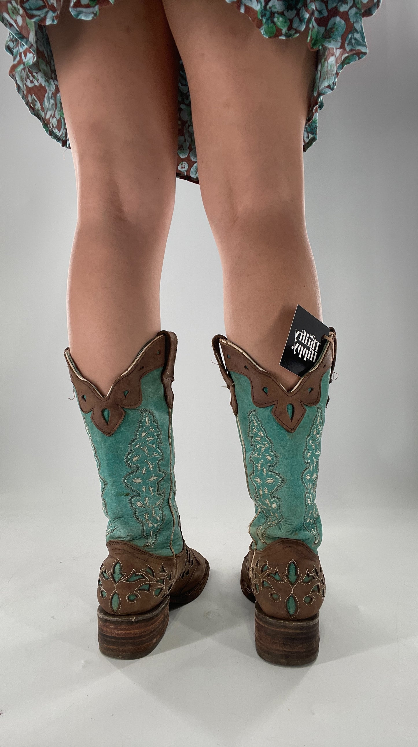 Porto Rebelde Turquoise Blue and Brown Leather Lazer Cut Embroidered Boots (6.5)