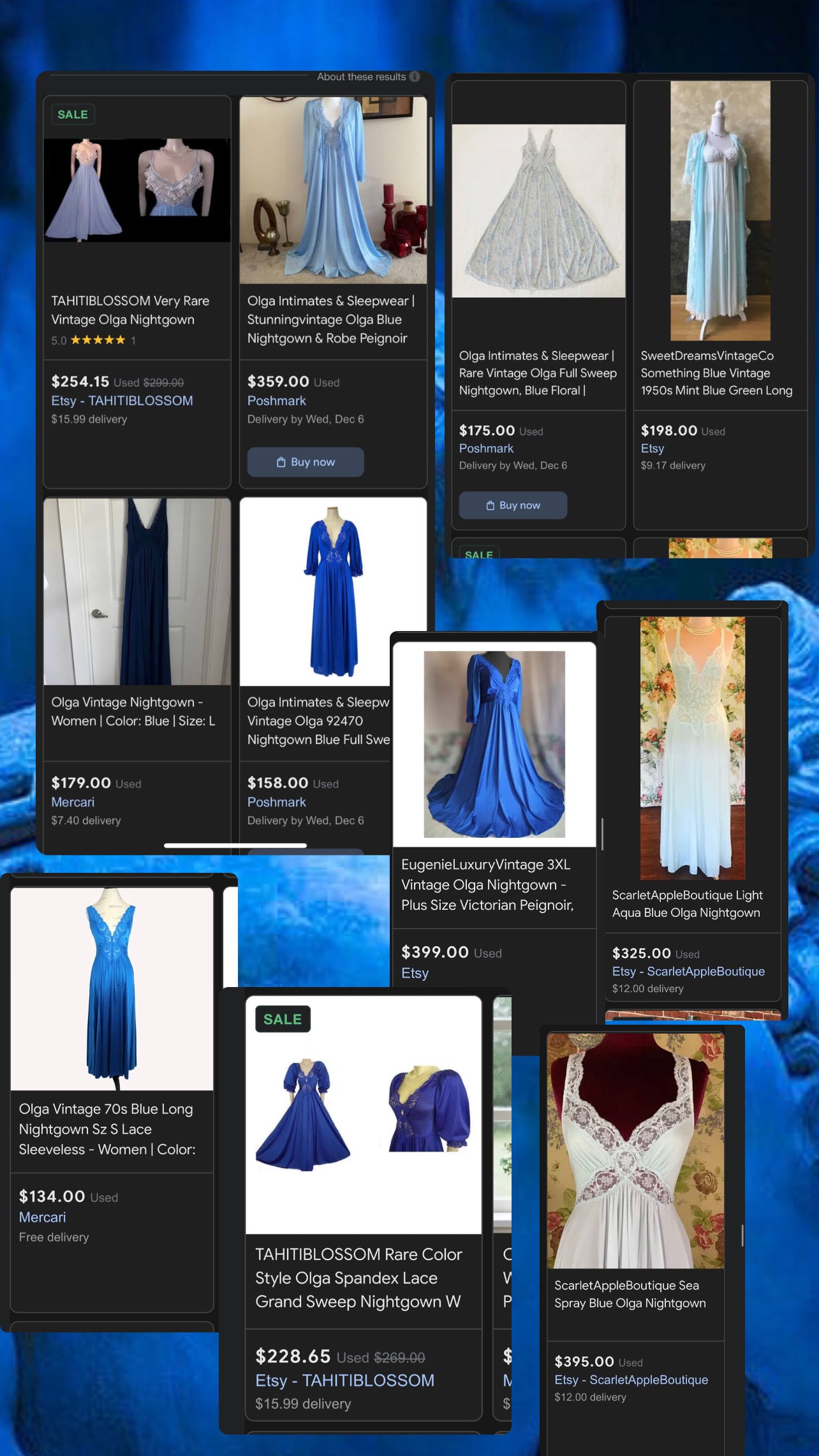 Vintage Olga Intimates Floor Length Voluminous Blue Jewel Toned Maxi Dress/Night Gown with Lace Bust (Small)