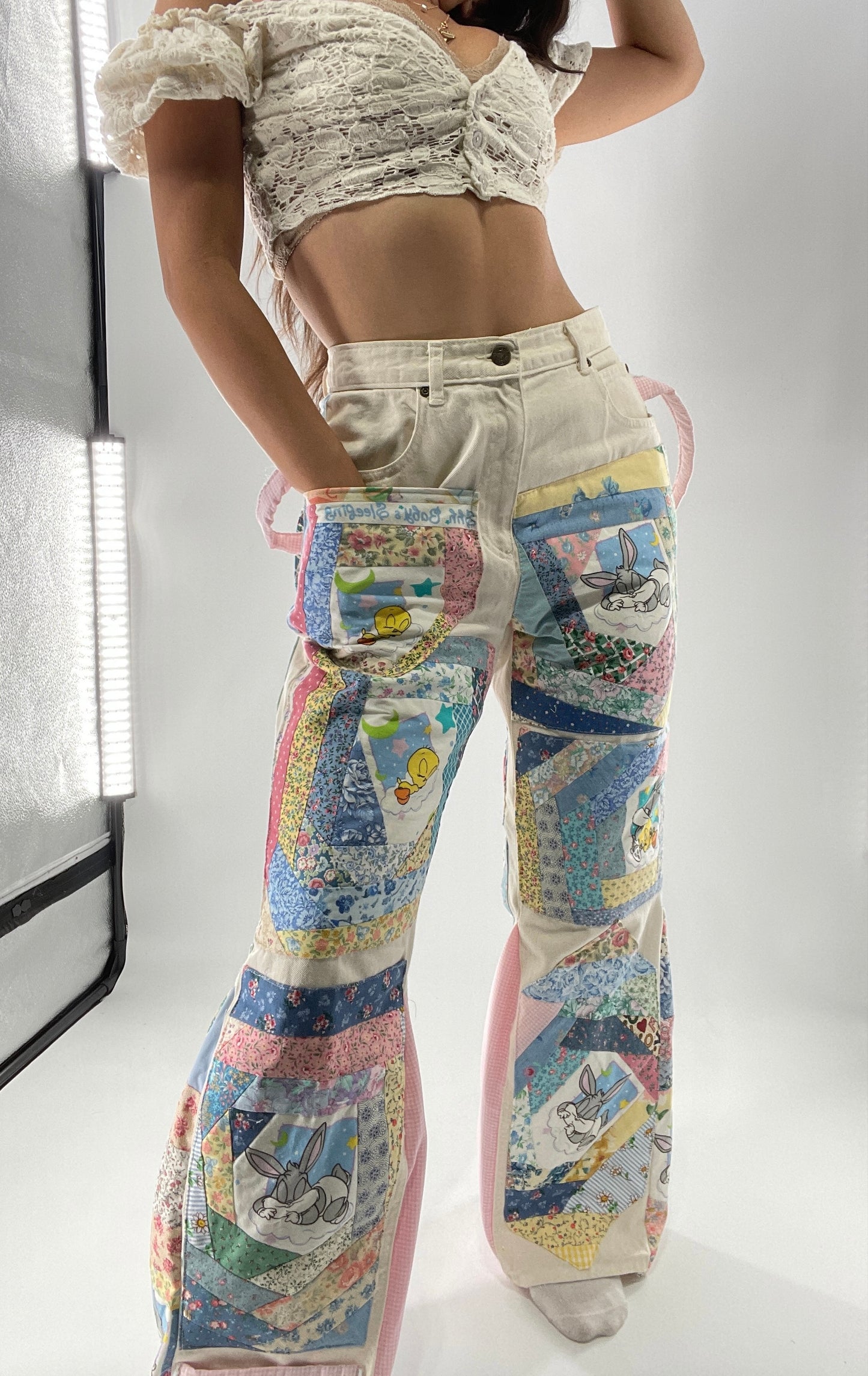 Custom - Handmade Reworked Looney Toons Cutie Pie Patchwork Flares