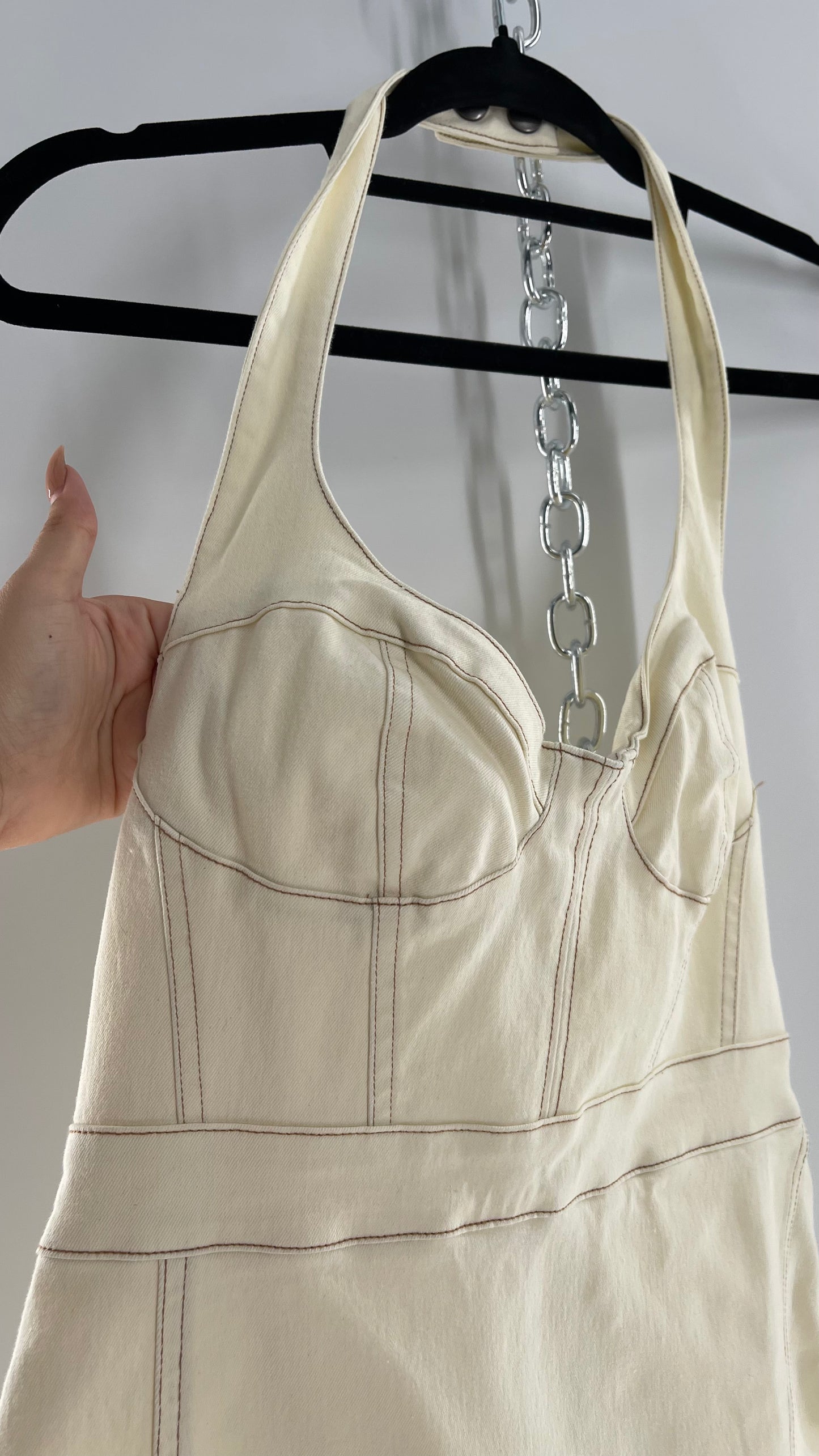 Urban Outfitters Beige Denim Halter Mini Dress (Medium)