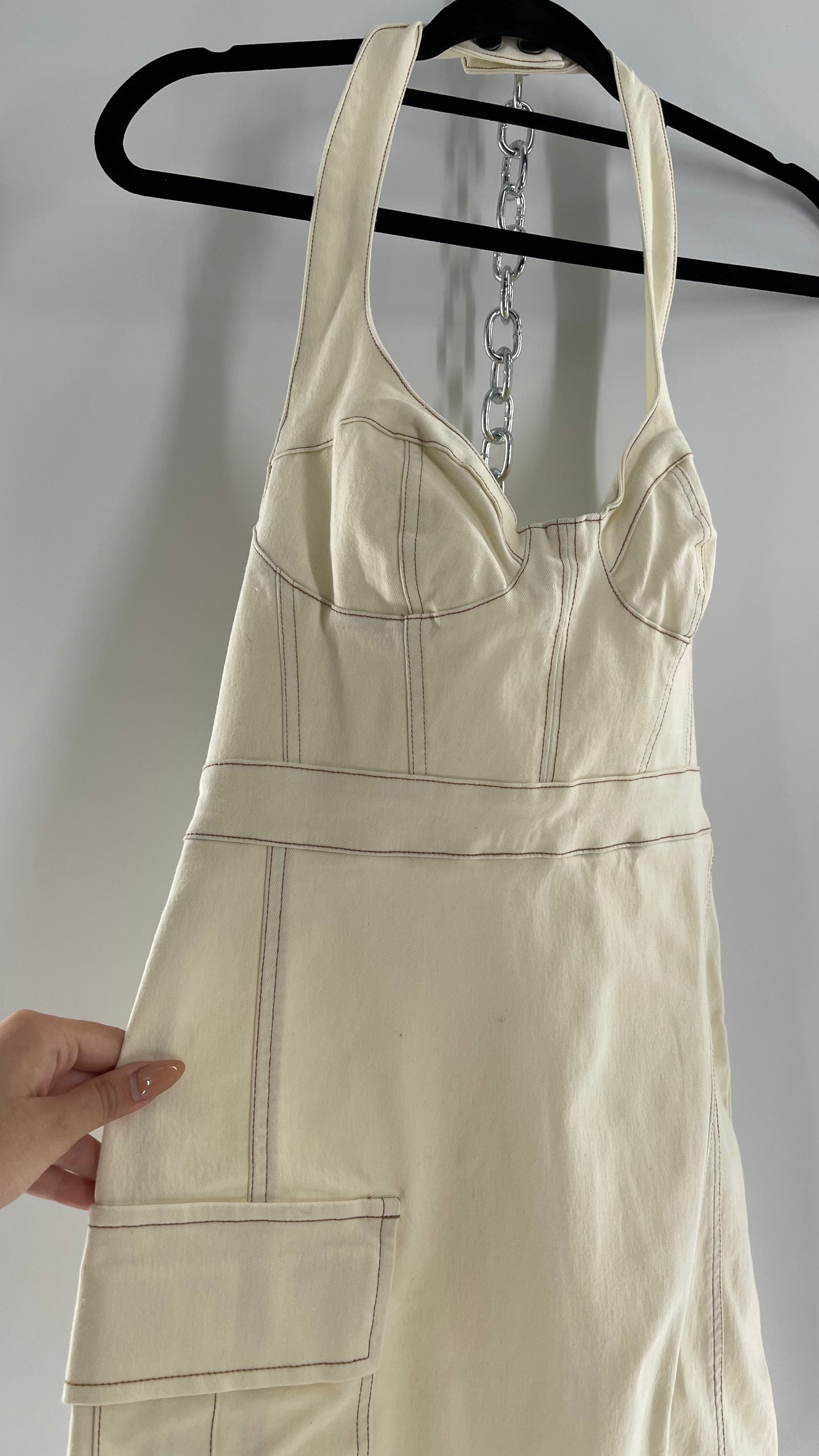 Urban Outfitters Beige Denim Halter Mini Dress (Medium)