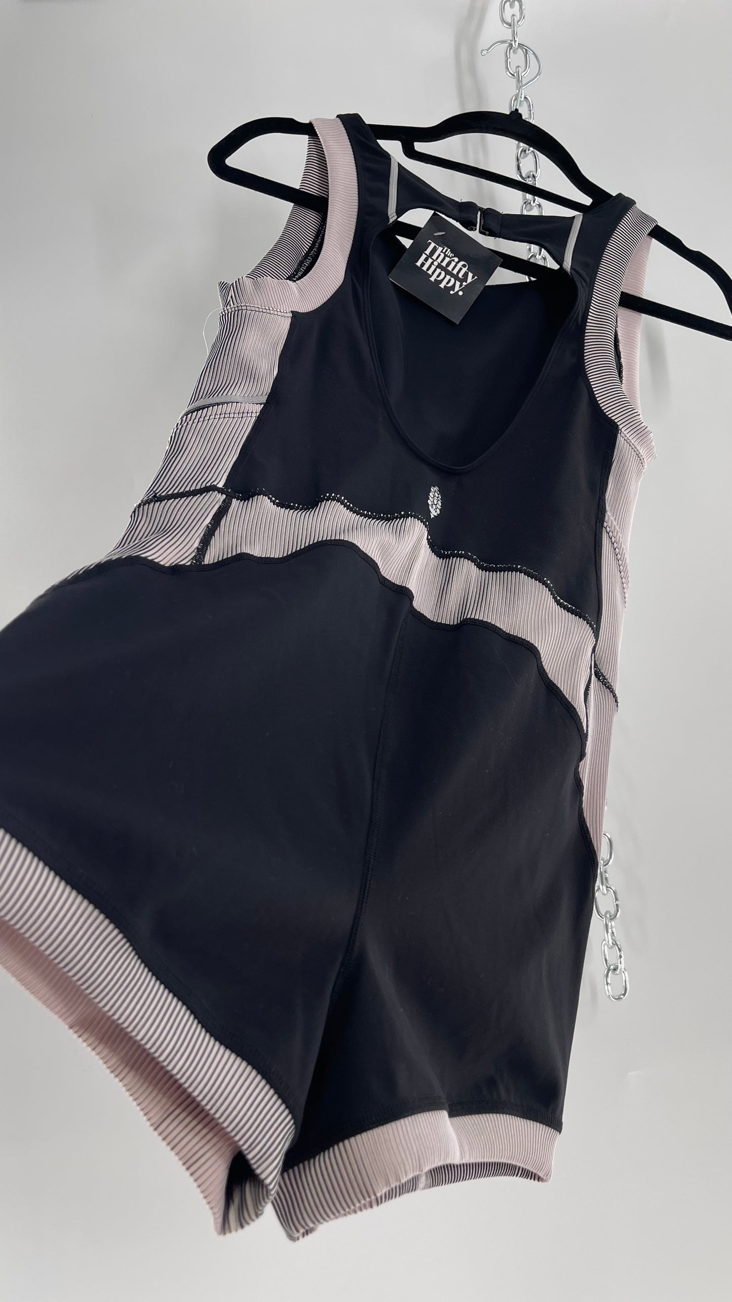 Free People Movement Black and White Open Back Romper (Medium)