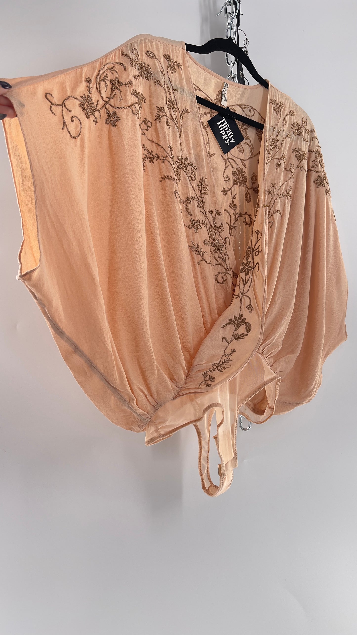 Free People Blush Short Sleeve Bodysuit with Gold Embroidered Blossoms (Small)