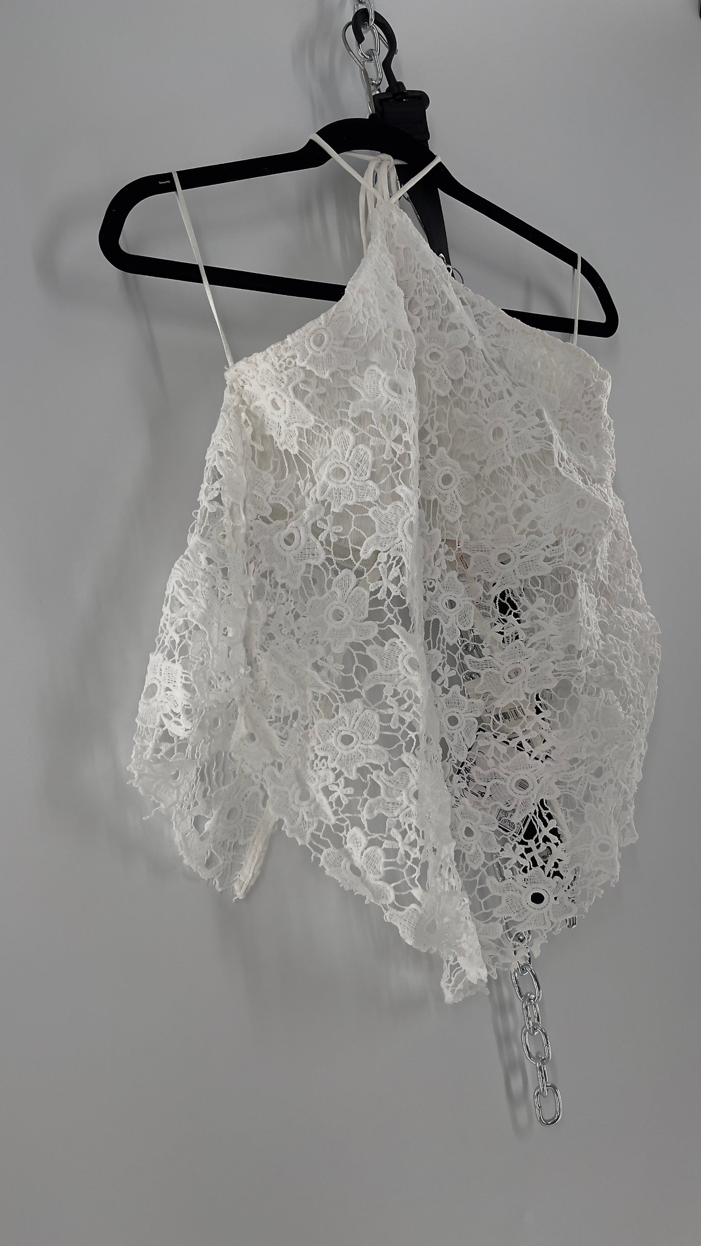 Free People White Smocked Halter with Lace Overlay (Large)