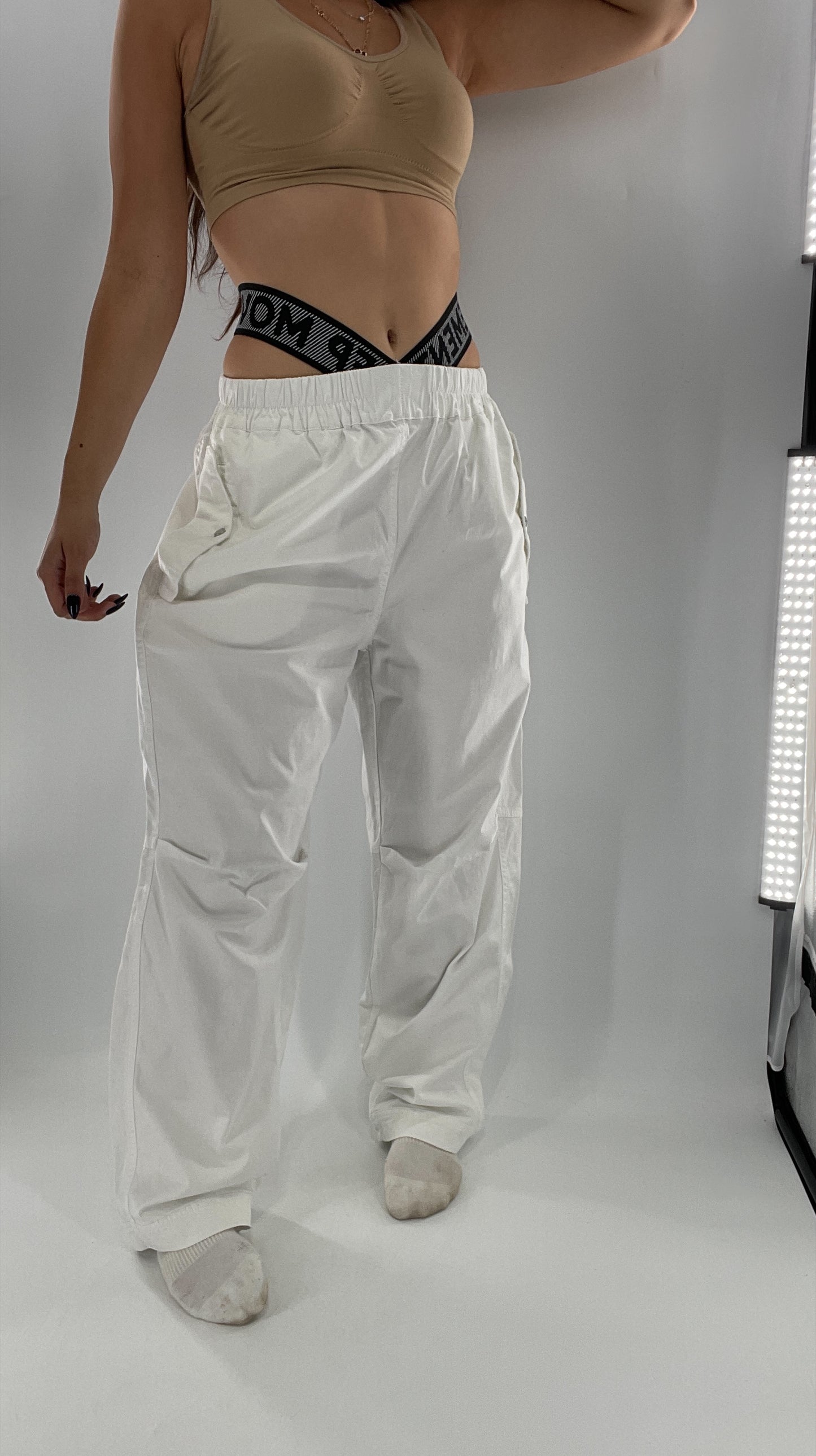 Free People Movement White Carpenter Pant with Branded Double Waistband (Small)