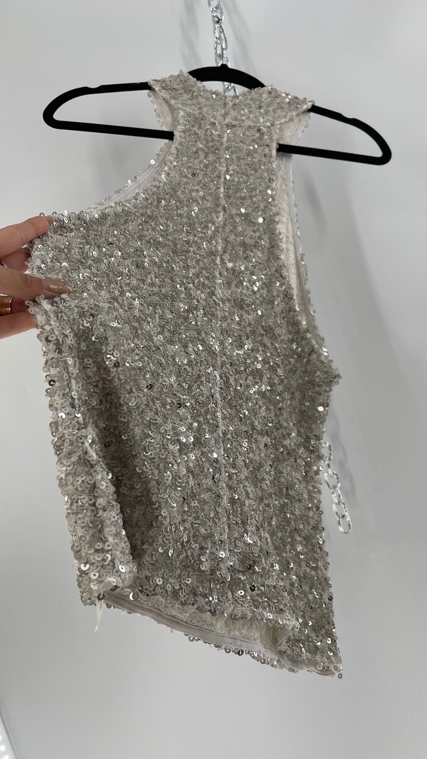 Free People White/Silver Sequin High Neck Tank(Large)
