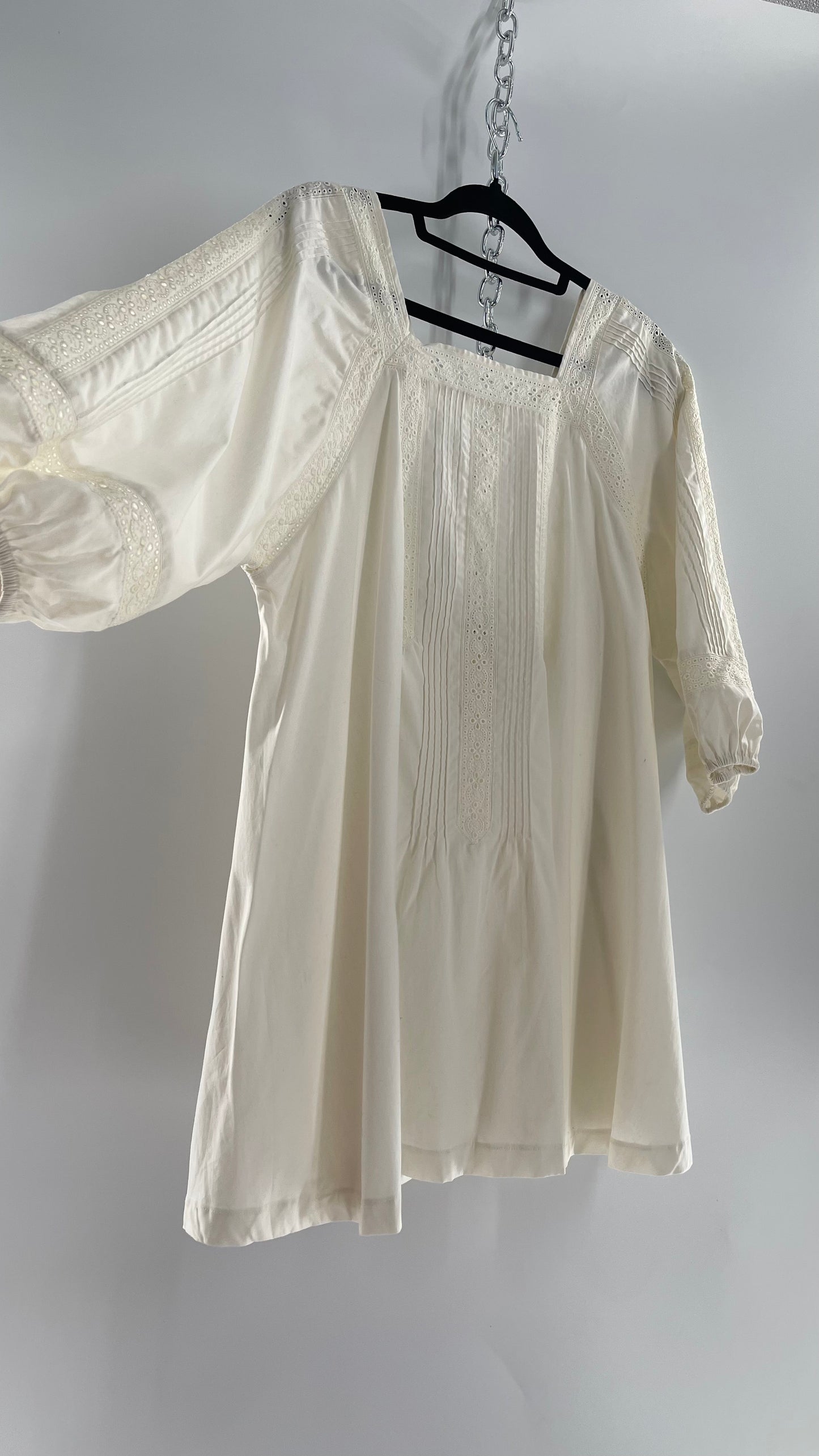 Free People White Long Sleeve Mini with Open Back and Lace Detailing (Small)