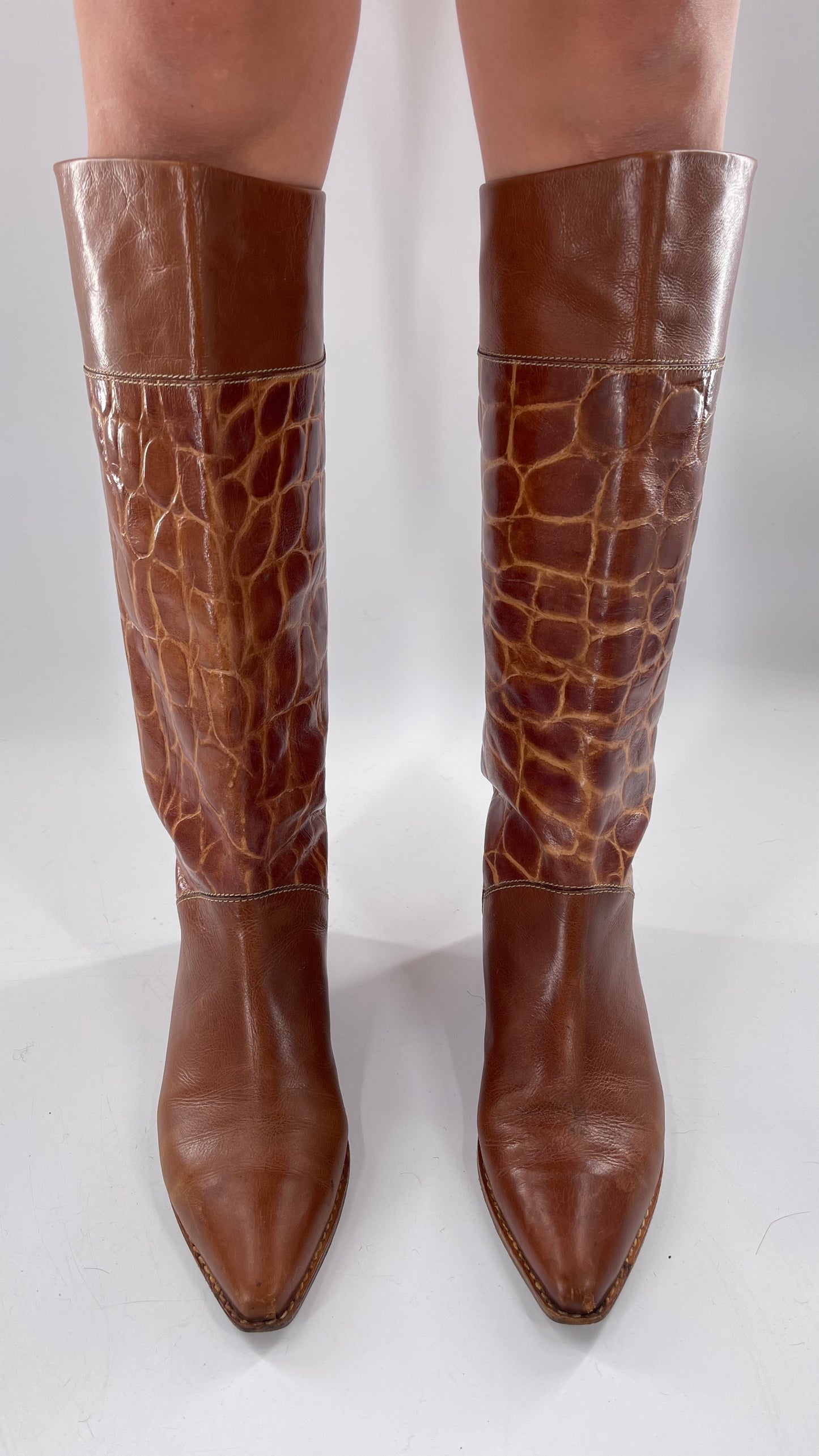 Joan & David Brown Leather Cowboy Snake Print Boots