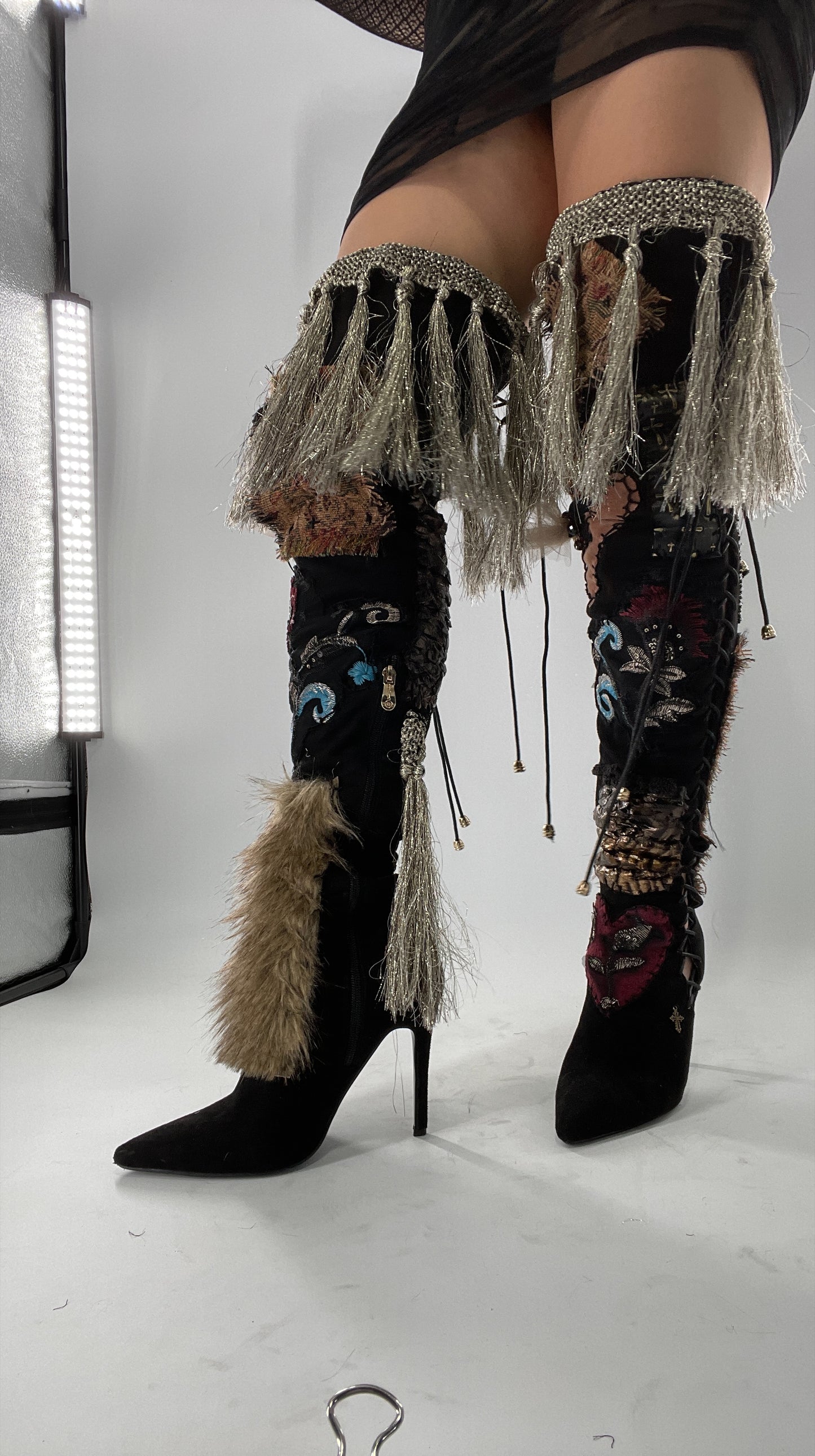 Custom Hand Sewn + Embroidered Thigh High Boots (7.5)