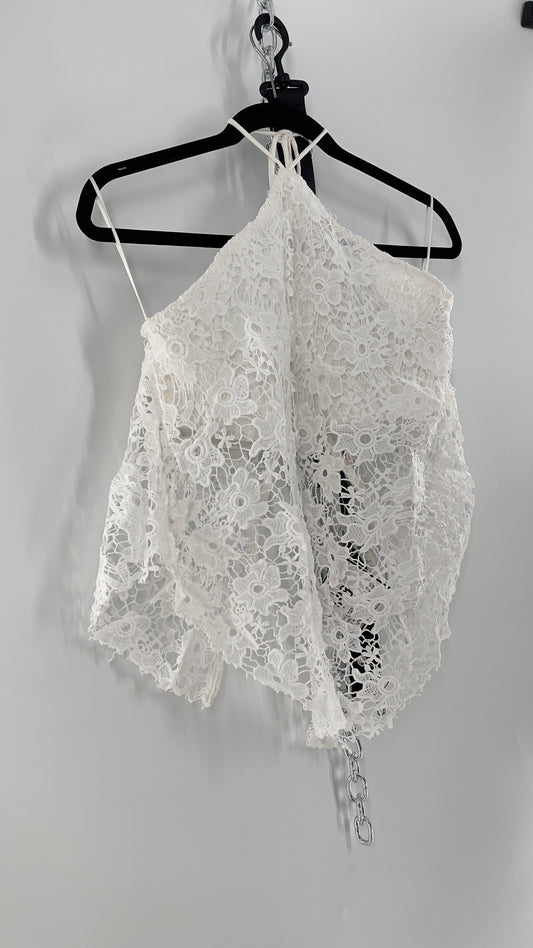 Free People White Smocked Halter with Lace Overlay (Large)