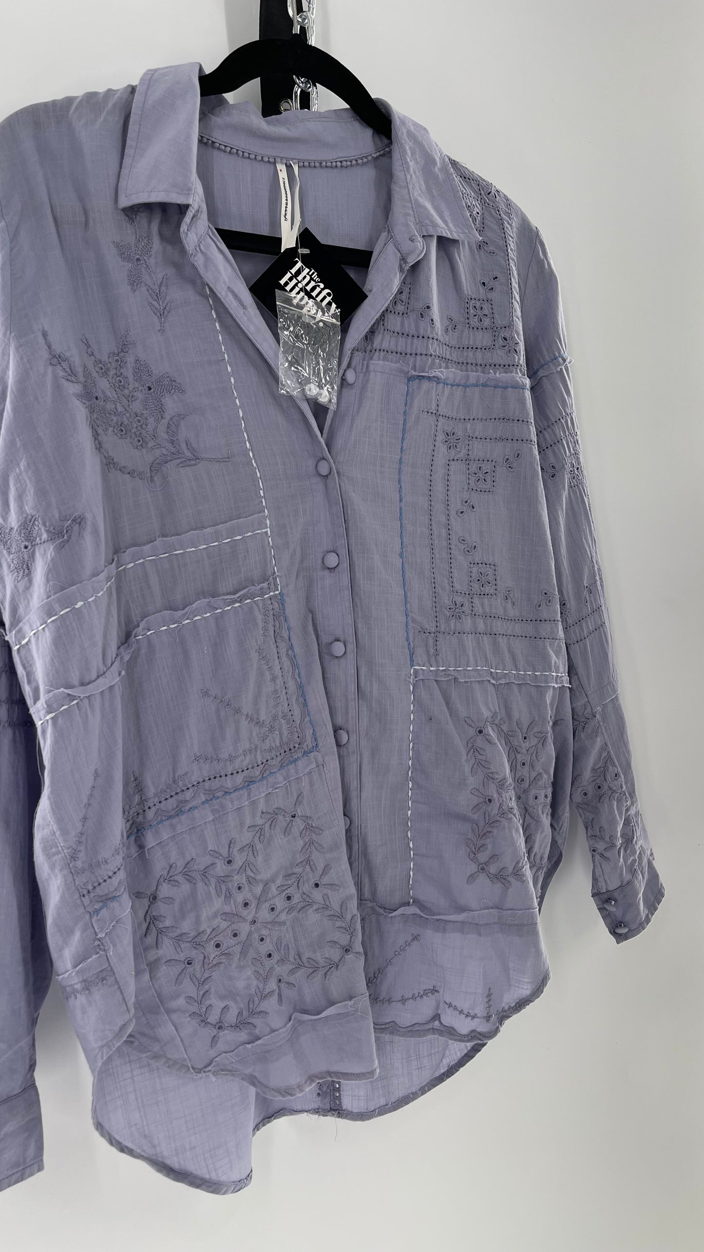 Anthropologie Powder Blue Patchwork Embroidered Long Sleeve (Small)
