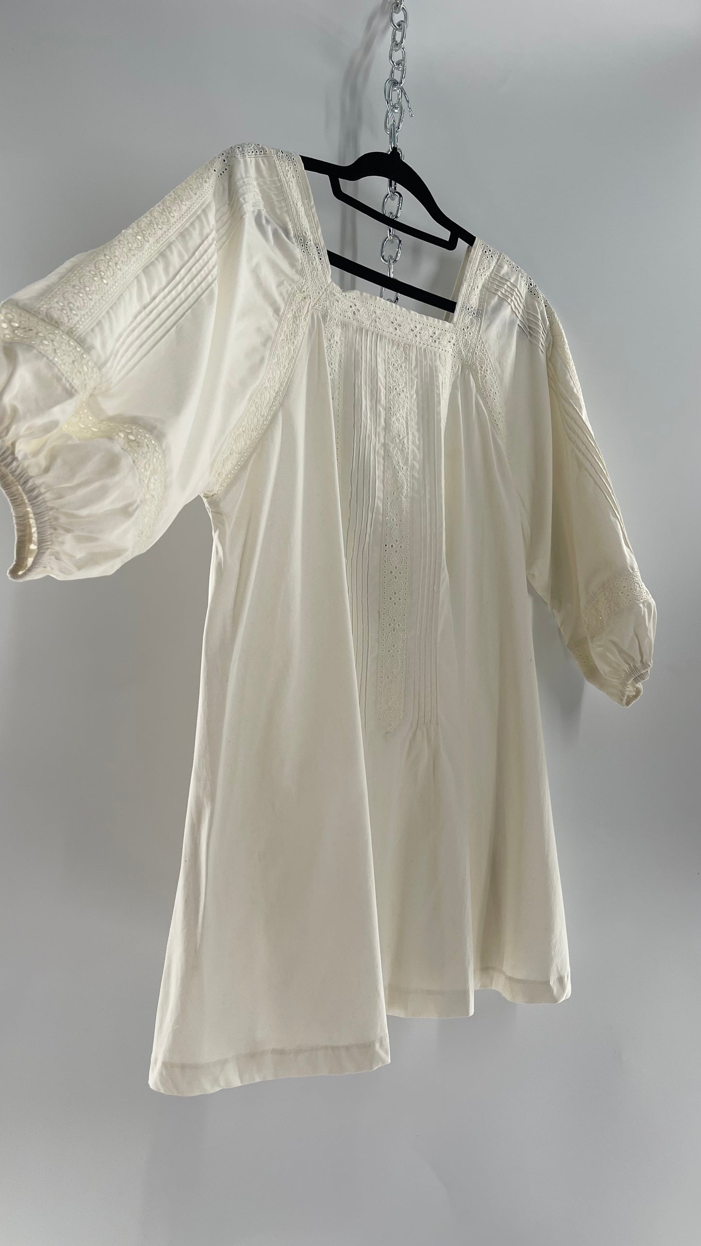 Free People White Long Sleeve Mini with Open Back and Lace Detailing (Small)
