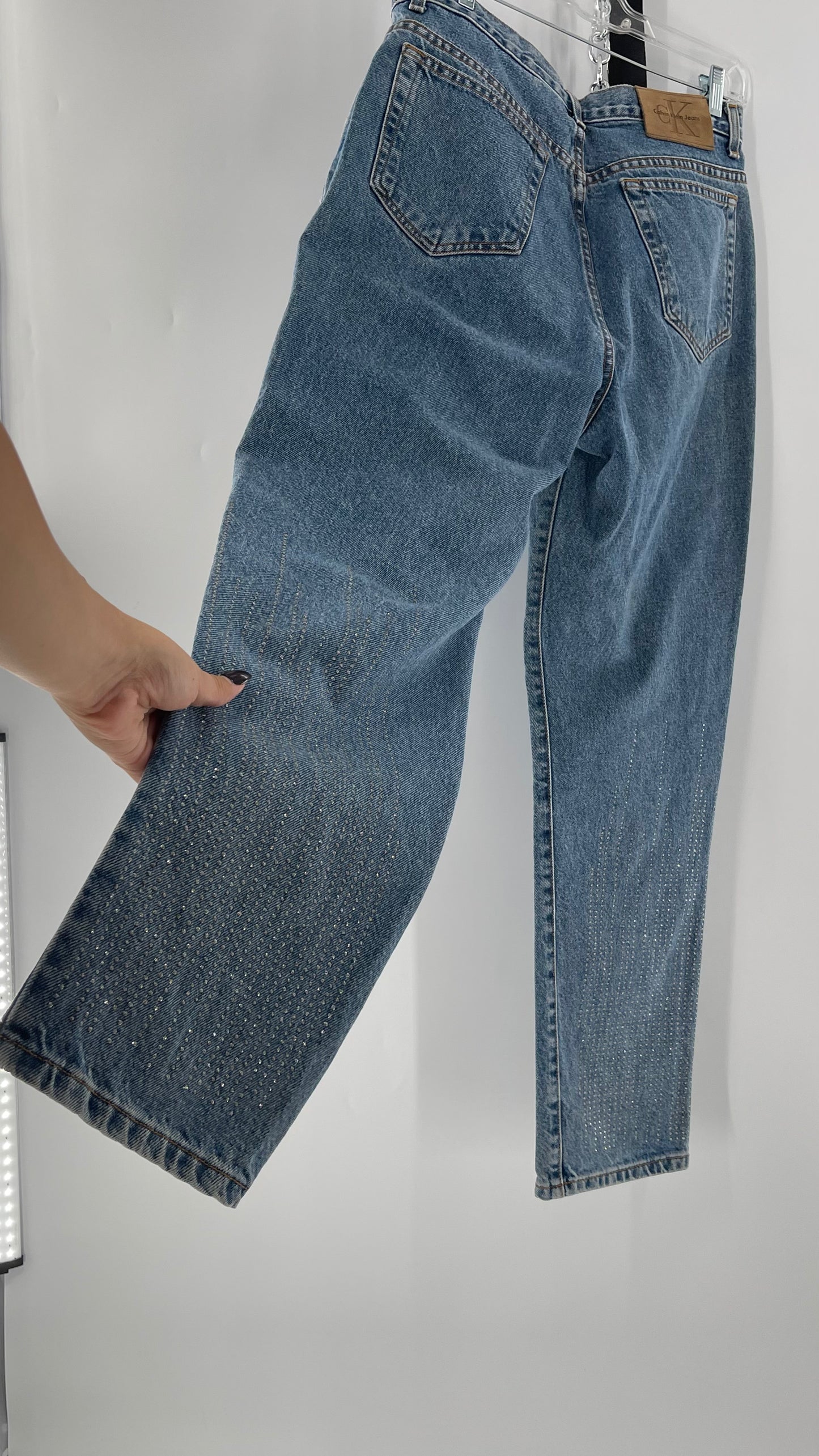 Vintage Calvin Klein Stone Washed Jeans with Silver Glitter Hem (29/30)