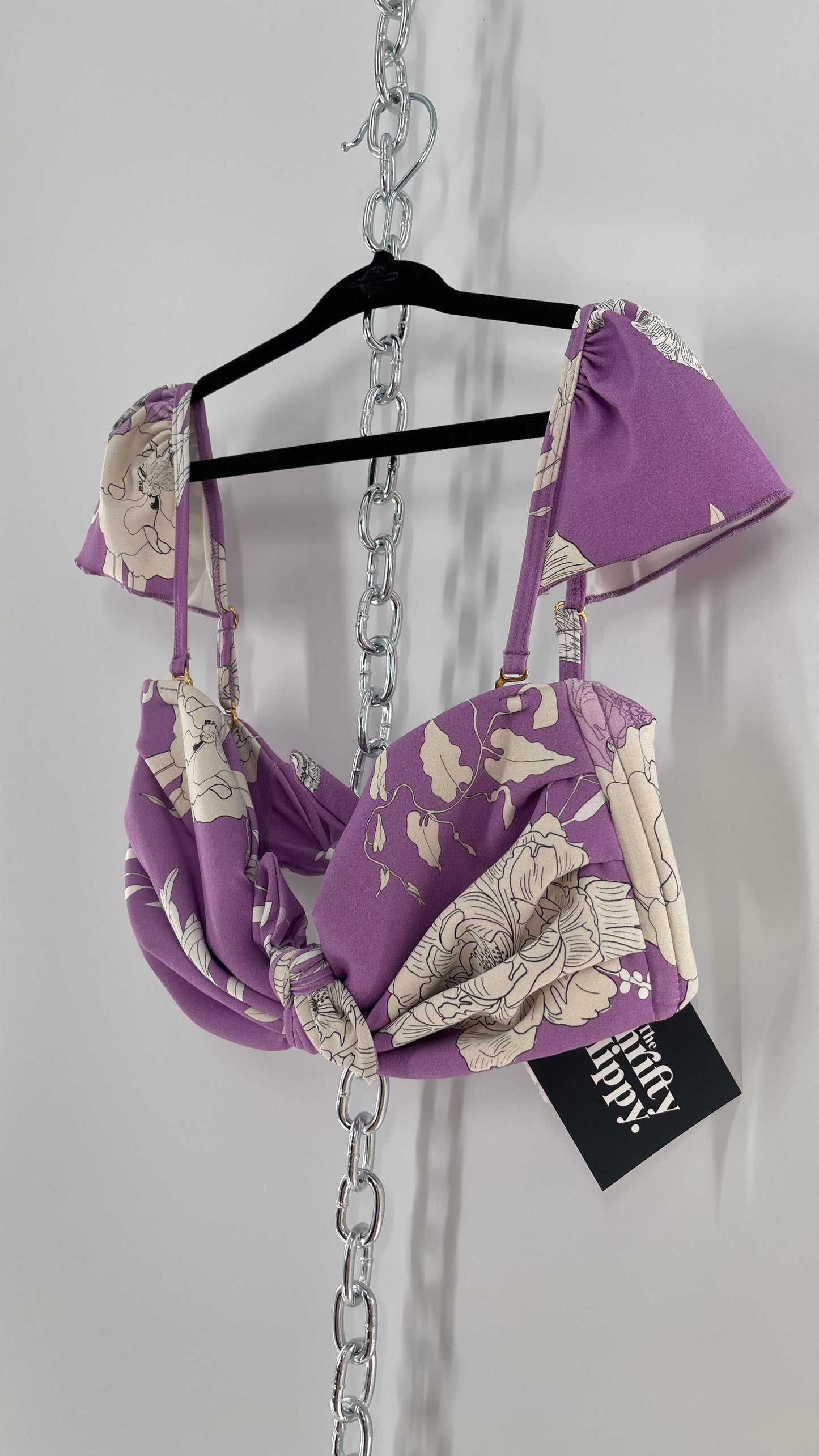 Montce Lilac Lavender Floral Swim Top with Tie Front and Ruffled Shoulder (Medium)