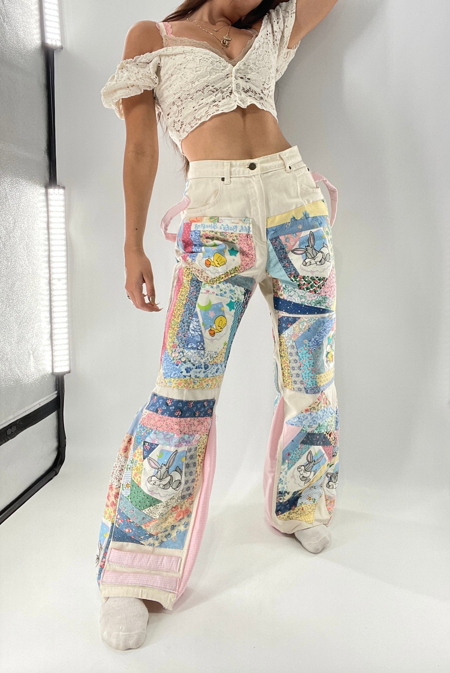 Custom - Handmade Reworked Looney Toons Cutie Pie Patchwork Flares