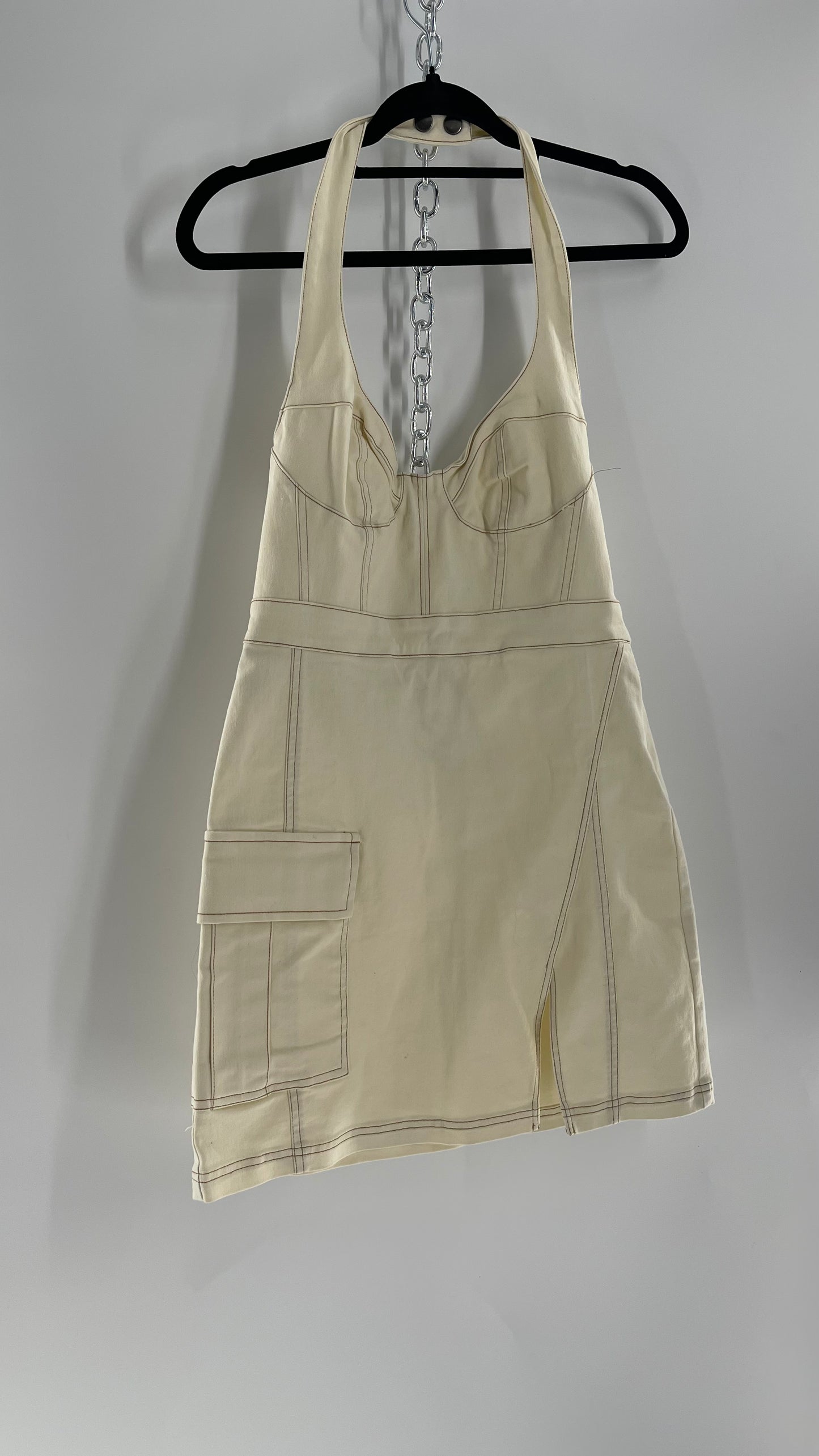 Urban Outfitters Beige Denim Halter Mini Dress (Medium)