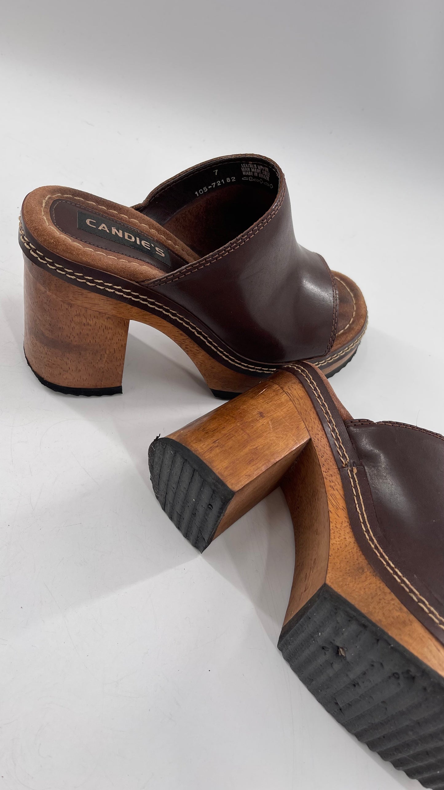 Vintage 1990s Candie’s Leather Mule Chunky Wood Platform Heels (7)