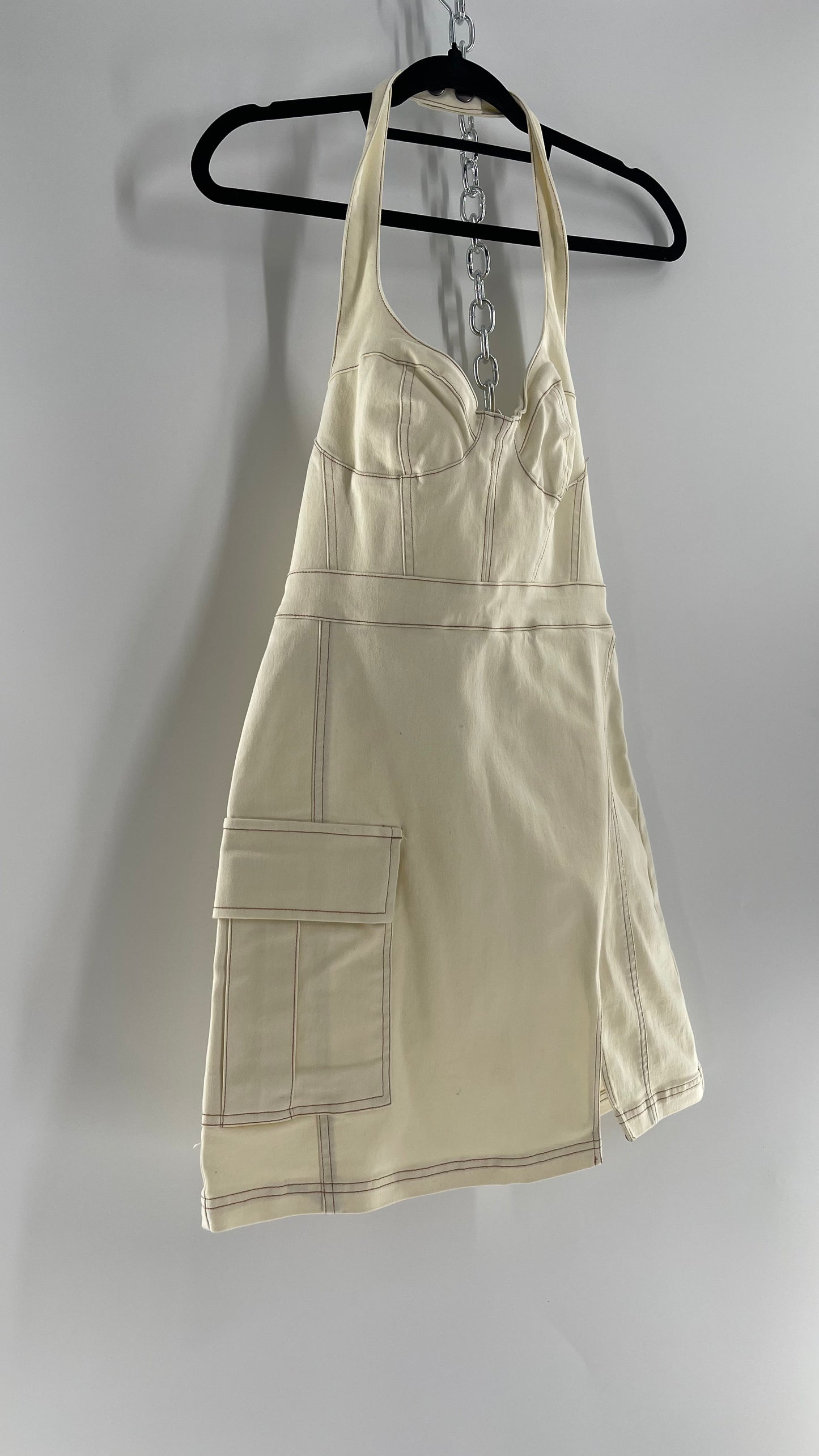 Urban Outfitters Beige Denim Halter Mini Dress (Medium)