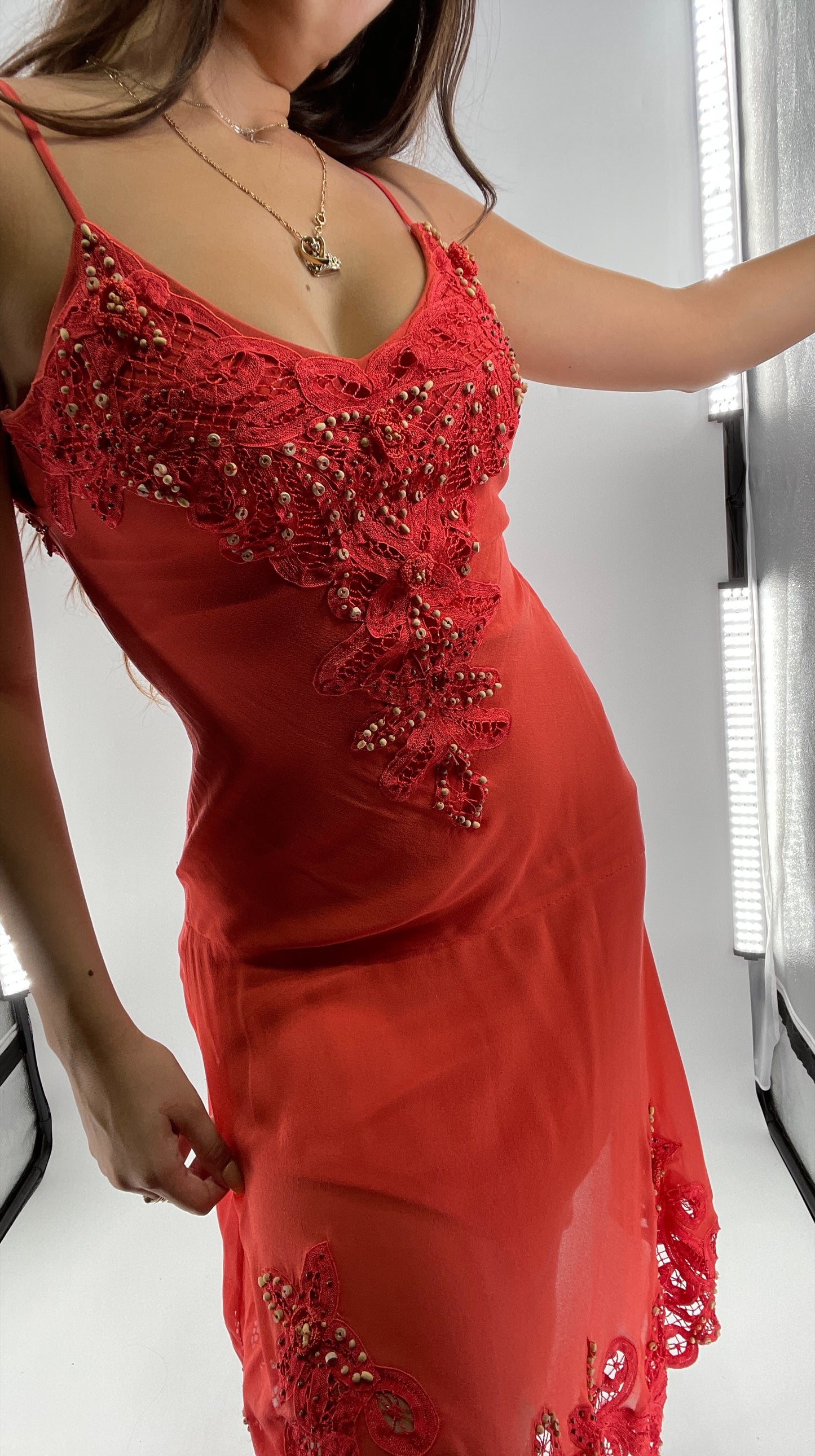 1990s Vintage Cache Coral Appliqué Tropical Beaded Slip (2)