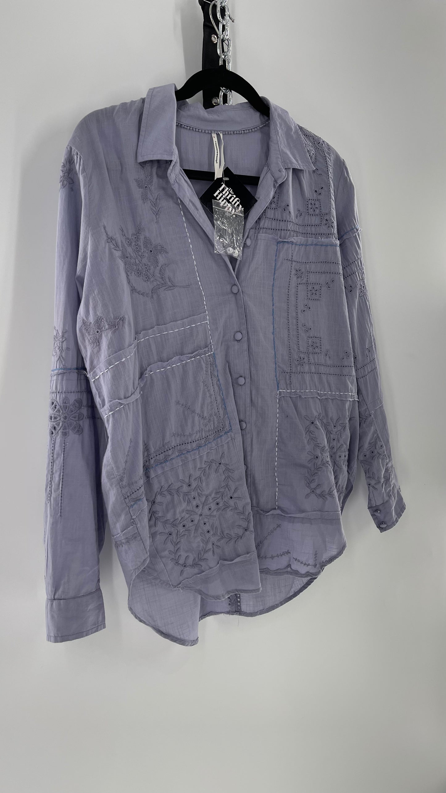 Anthropologie Powder Blue Patchwork Embroidered Long Sleeve (Small)