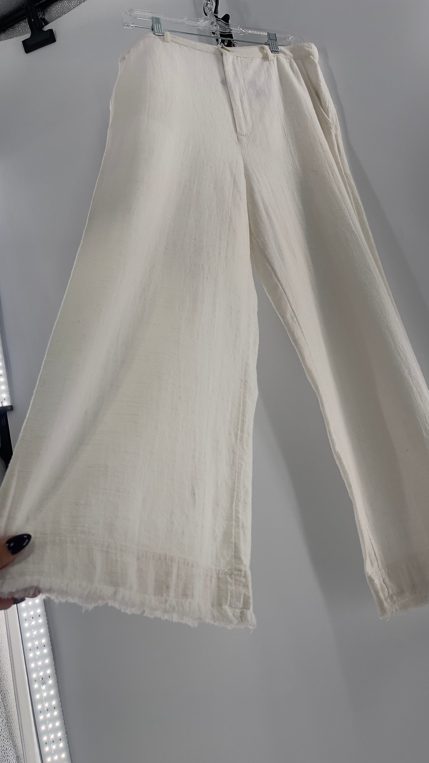 Urban Outfitters White High Waisted Frayed Hem Wide Leg Trouser (10)