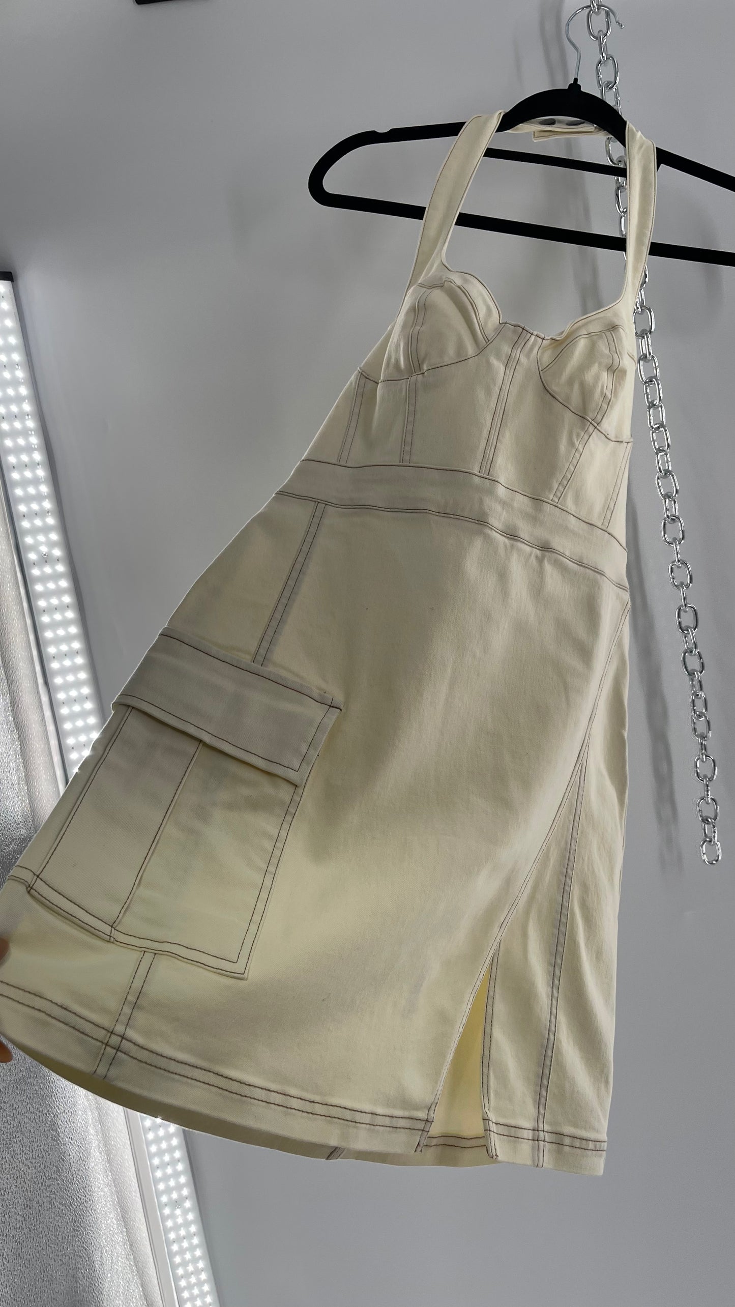 Urban Outfitters Beige Denim Halter Mini Dress (Medium)